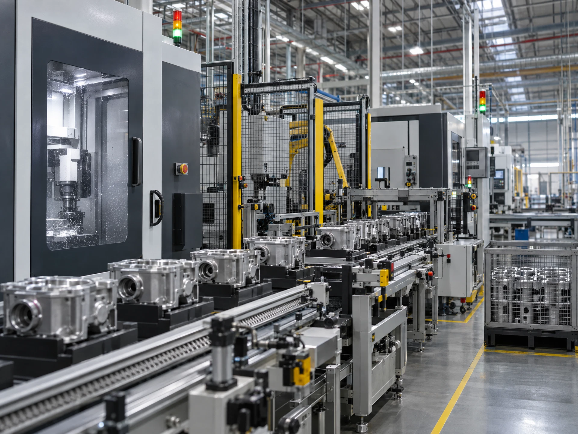 A production line with guarded machines, conveyor belts and components.