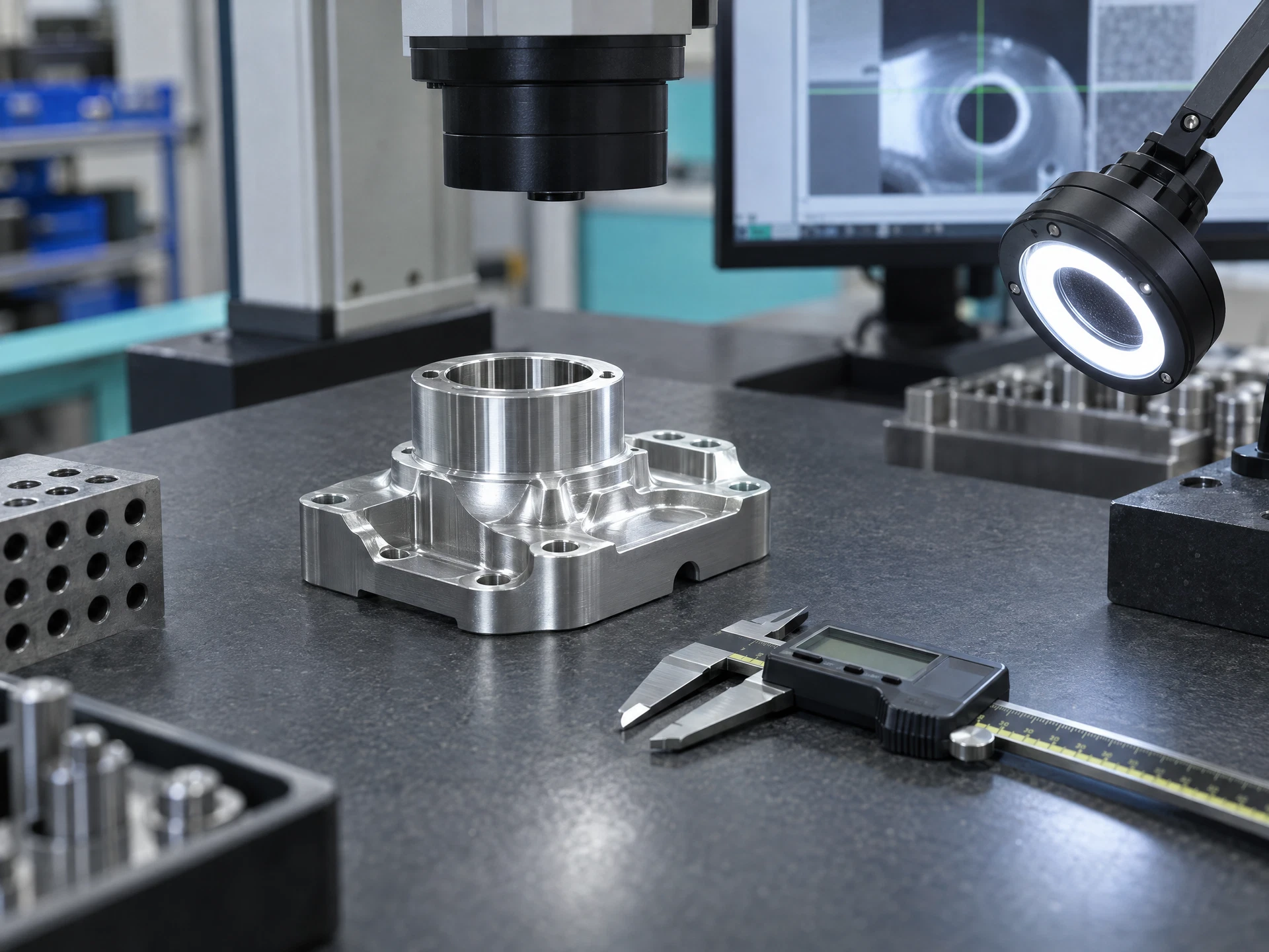 A metal part under an optical measurement camera and digital caliper for quality inspection.