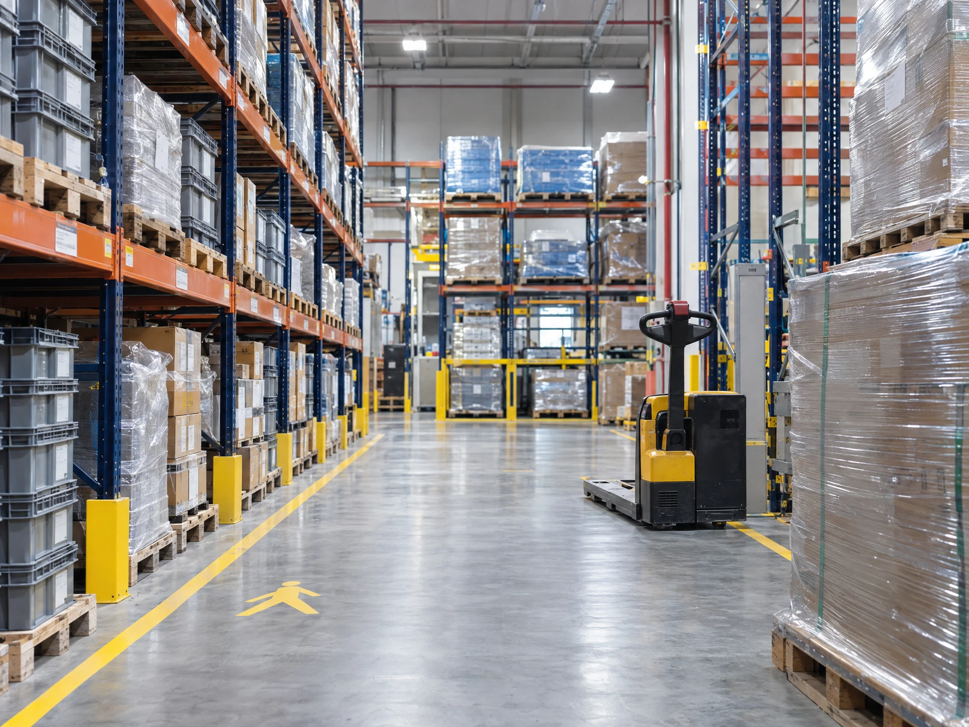 Organised warehouse racks and a safe pallet mover in a marked aisle.