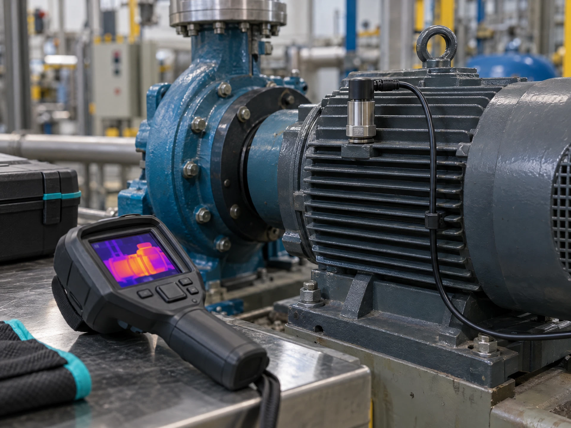 A vibration sensor attached to a factory motor with a thermal camera nearby.