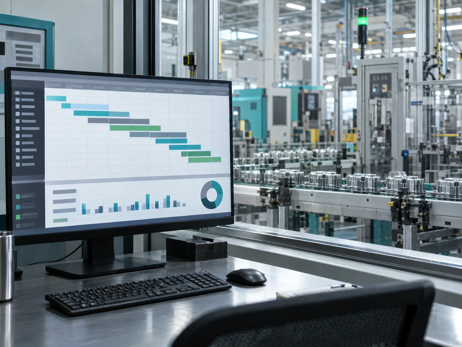 A generic production schedule and sensor monitor overlooking a factory line.