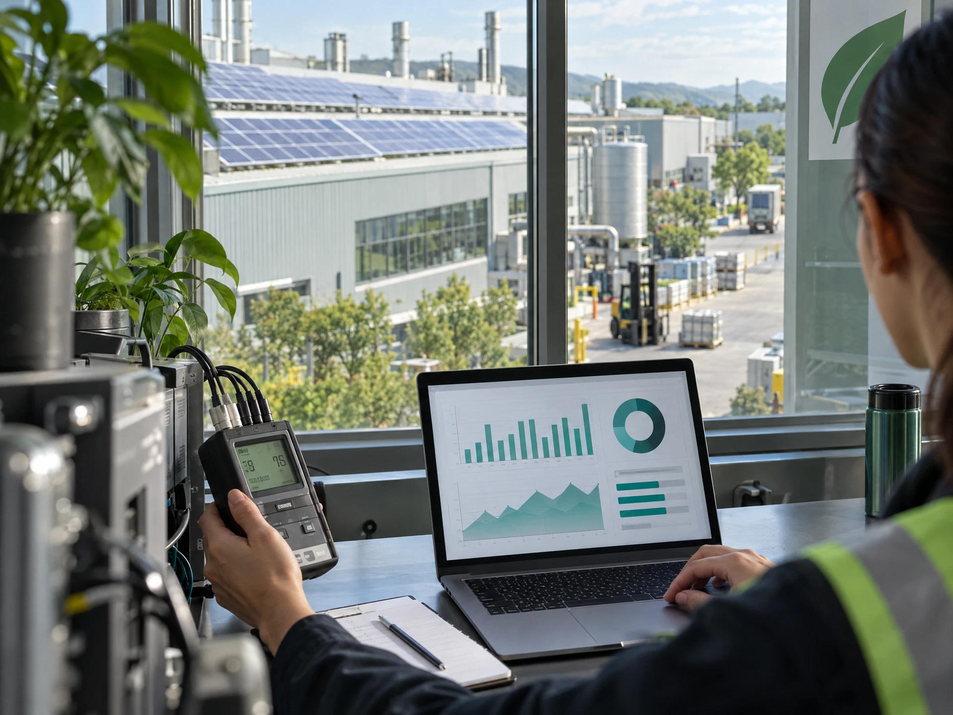 A fictional factory sustainability manager reviewing an energy meter and carbon-data dashboard beside rooftop solar.