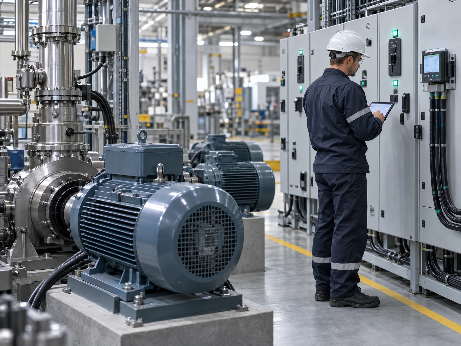 Efficient factory motors, switchgear, energy meters and a fictional technician inspecting equipment.