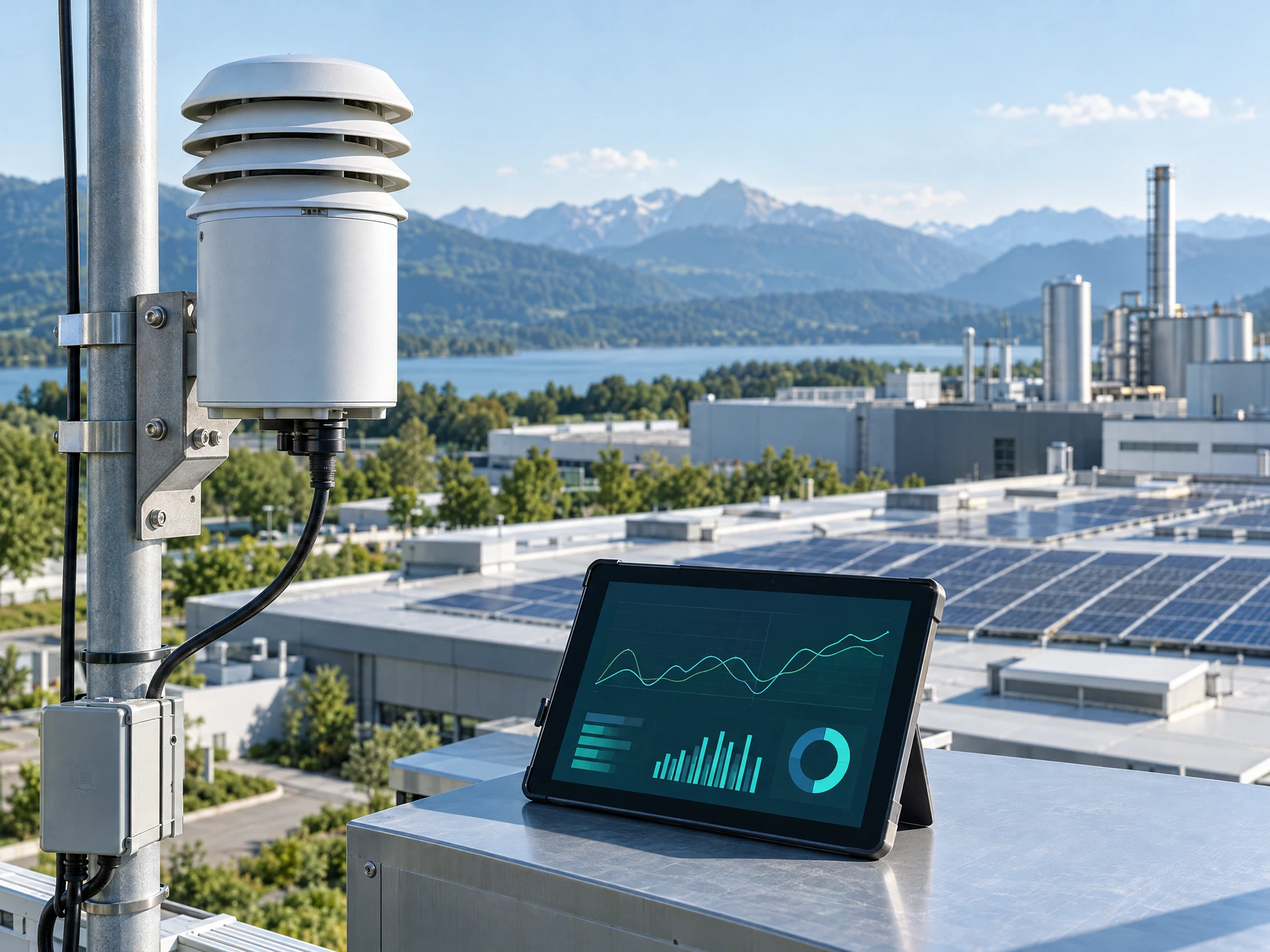 A fictional factory environmental sensor, rooftop solar and a tablet showing abstract emissions-data curves.