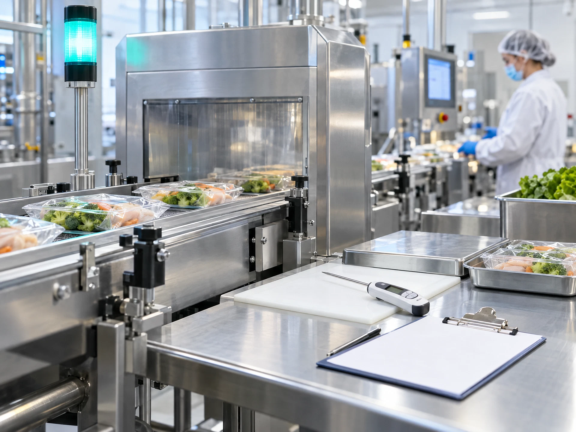 A hygienic fictional food-processing line with stainless equipment and a quality inspection station.