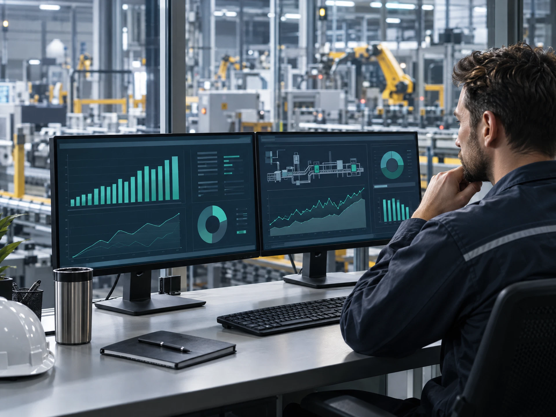 A fictional factory operations desk with abstract production charts and a manufacturing analyst.