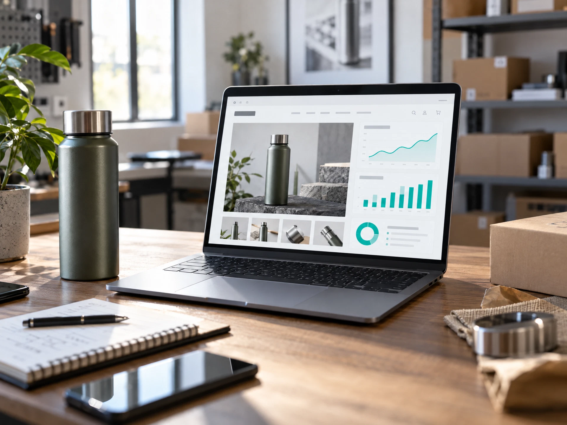 A manufacturing-office laptop showing a generic website preview and abstract analytics beside a product sample.