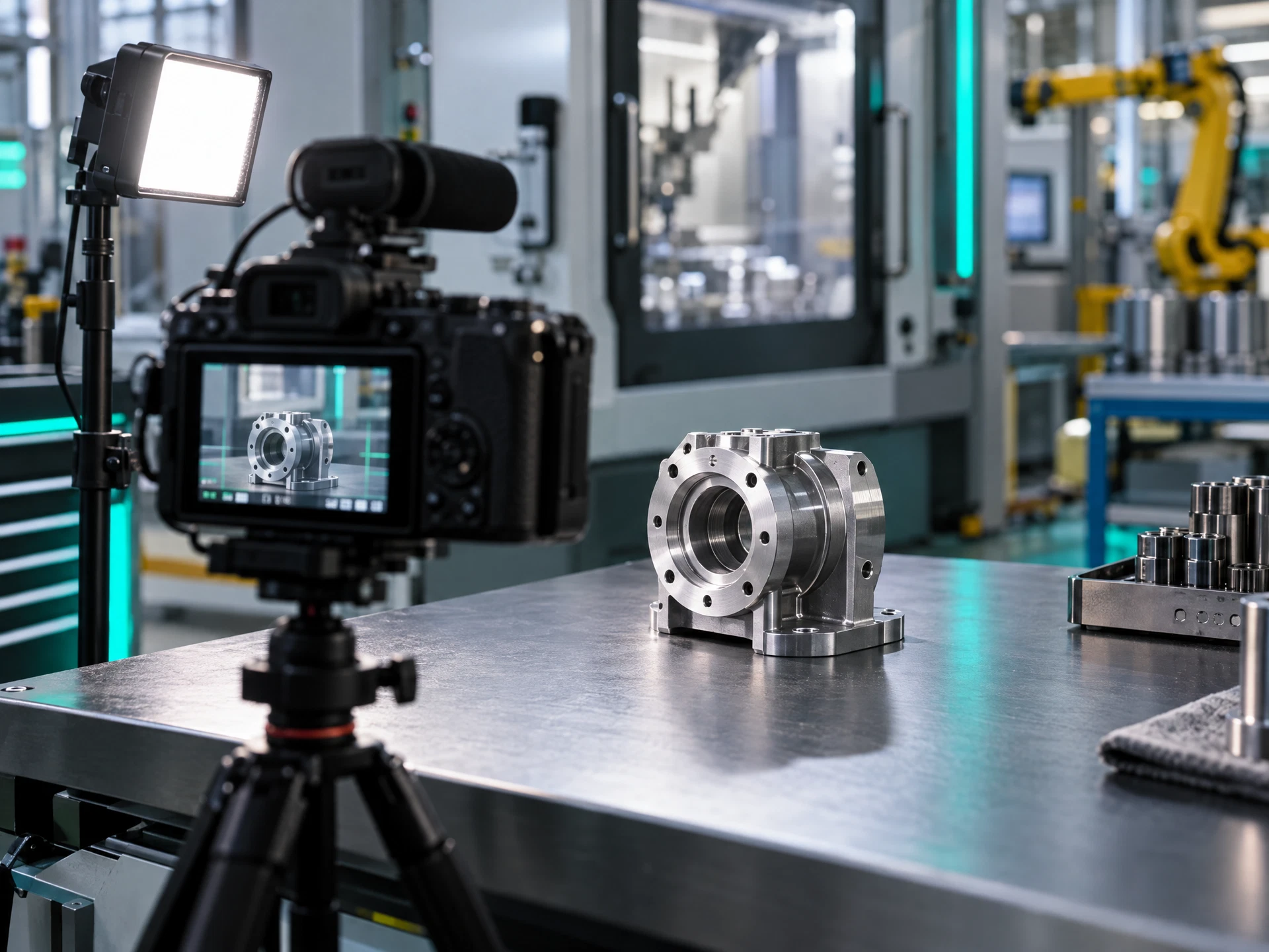 A camera and light set up to film an industrial product on a factory workbench.