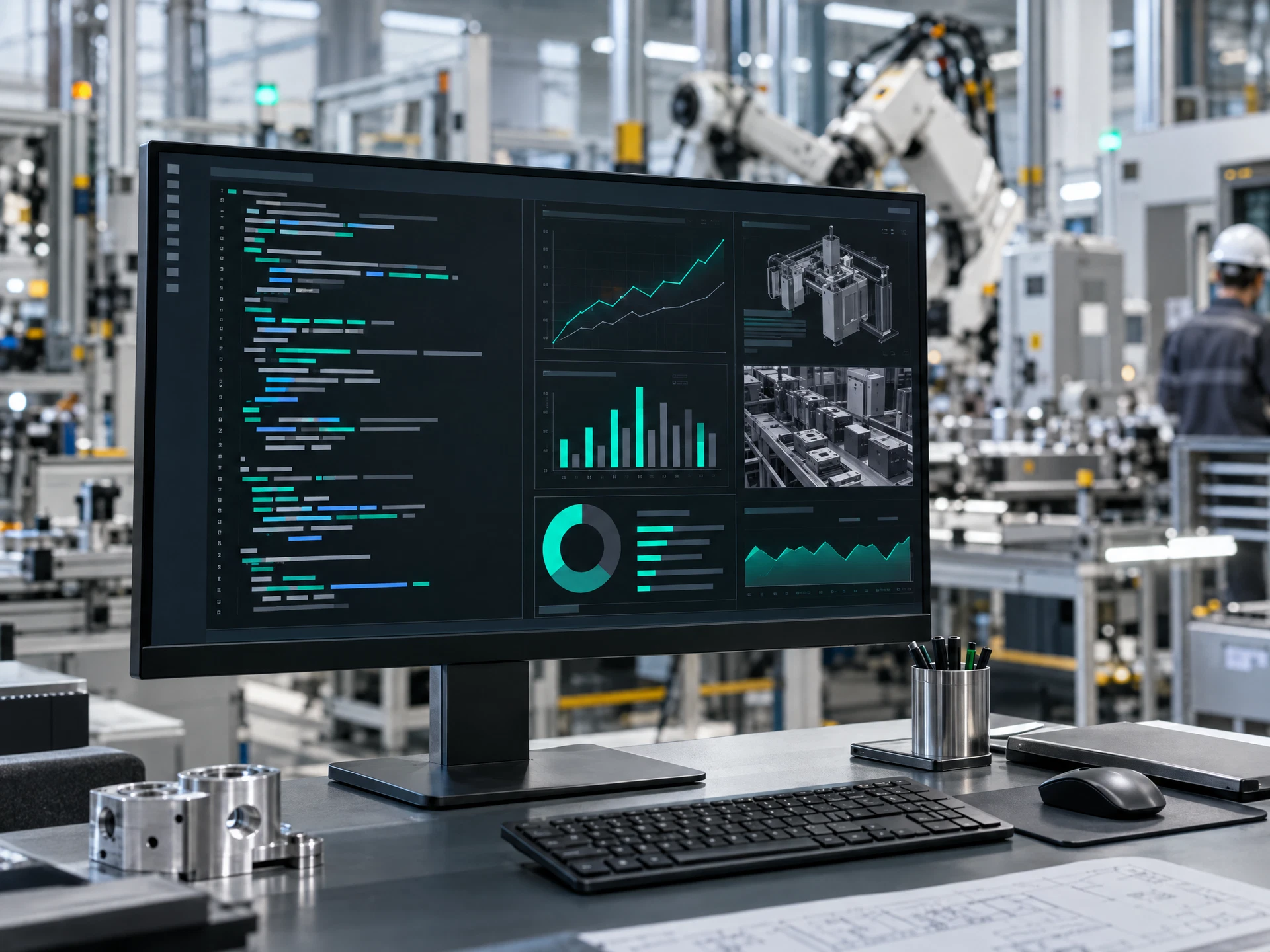 A workstation showing abstract code-like lines and manufacturing charts, with factory equipment in the background.