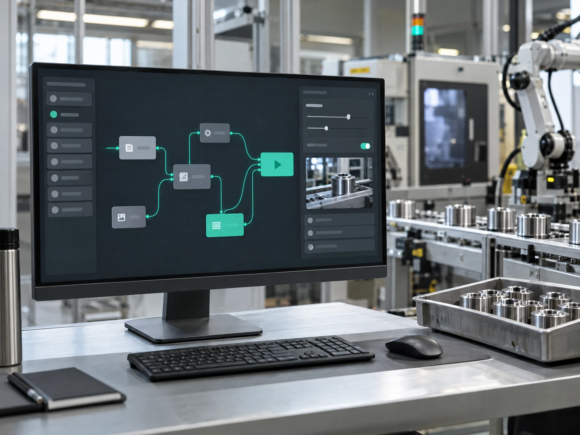 A monitor showing a generic connected-block application workflow beside a factory workstation.