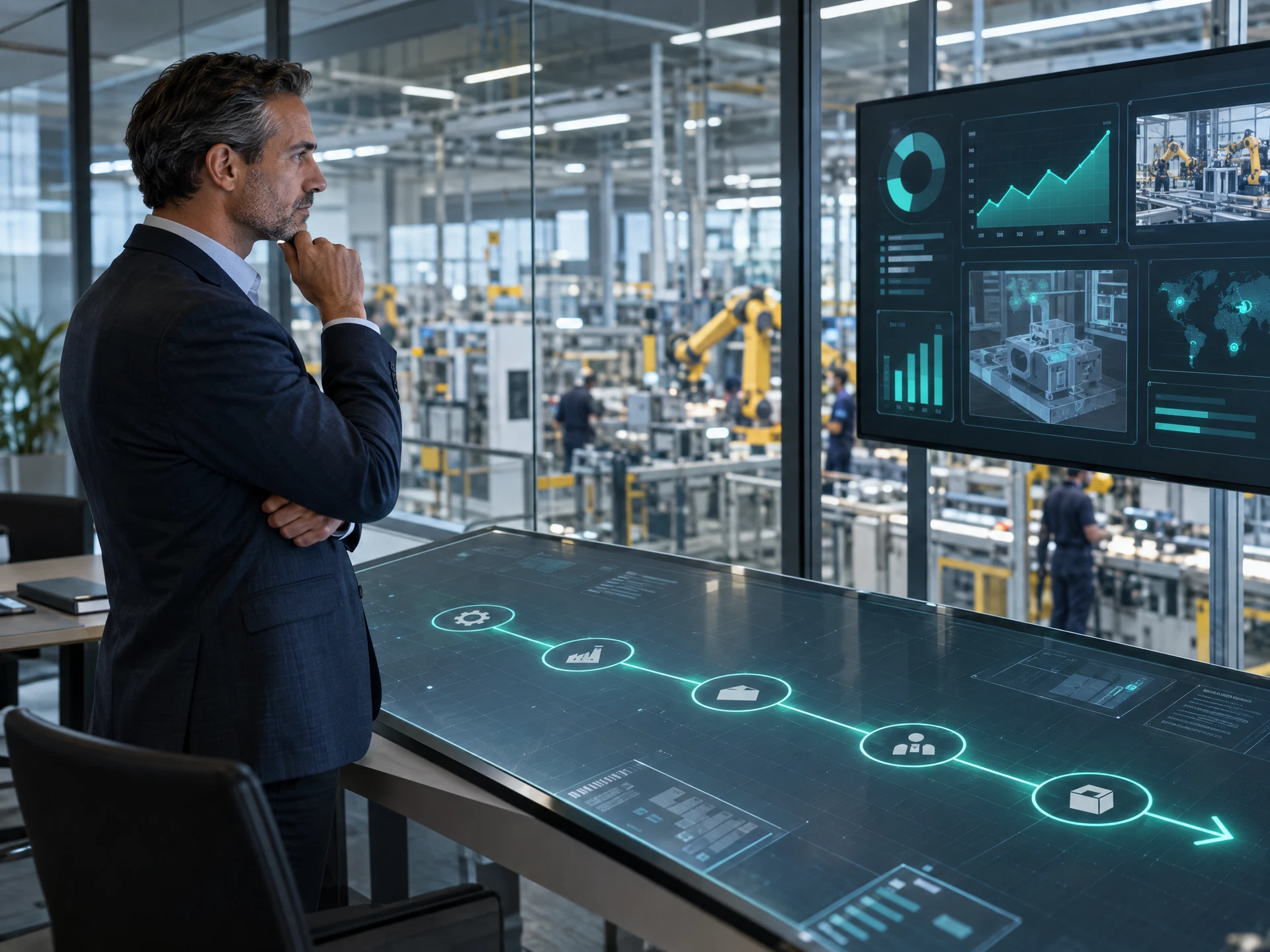 A fictional manufacturing leader reviewing an abstract digital roadmap beside a working factory.