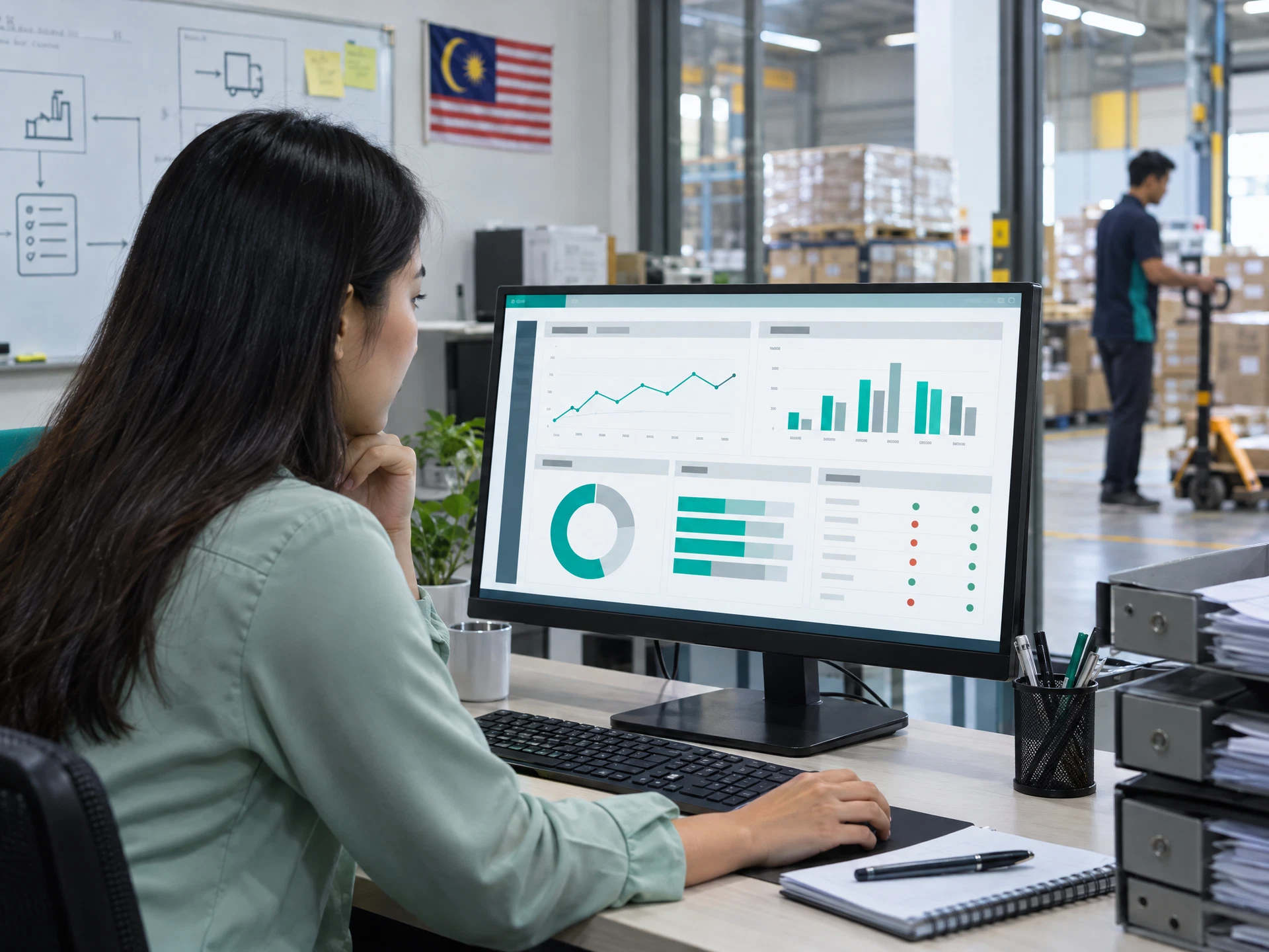 Fictional procurement analyst reviewing an abstract supplier performance dashboard beside incoming components.