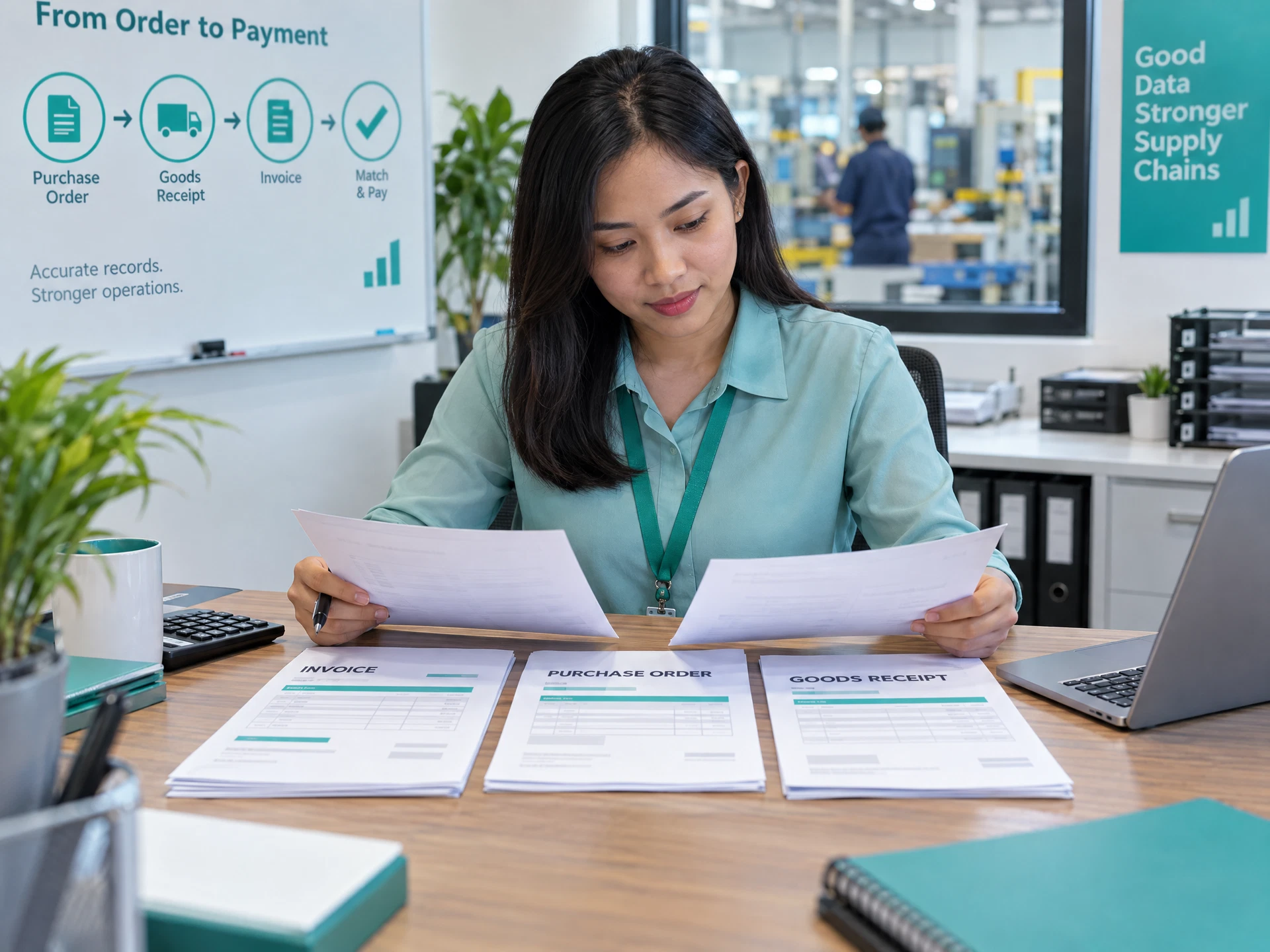 Fictional finance professional aligning generic invoice, purchase order and goods receipt documents at a factory office.