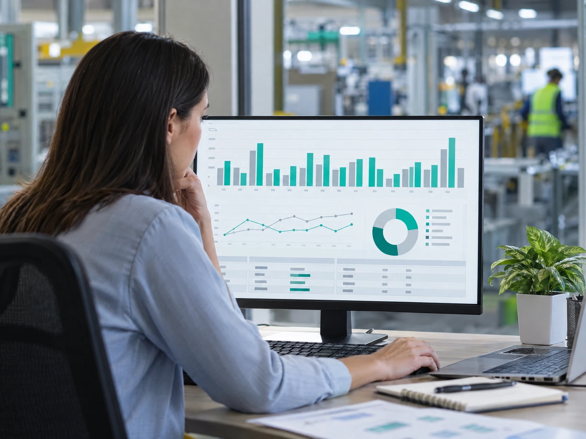 Fictional finance analyst reviewing abstract budget-versus-actual chart bars beside a factory office.