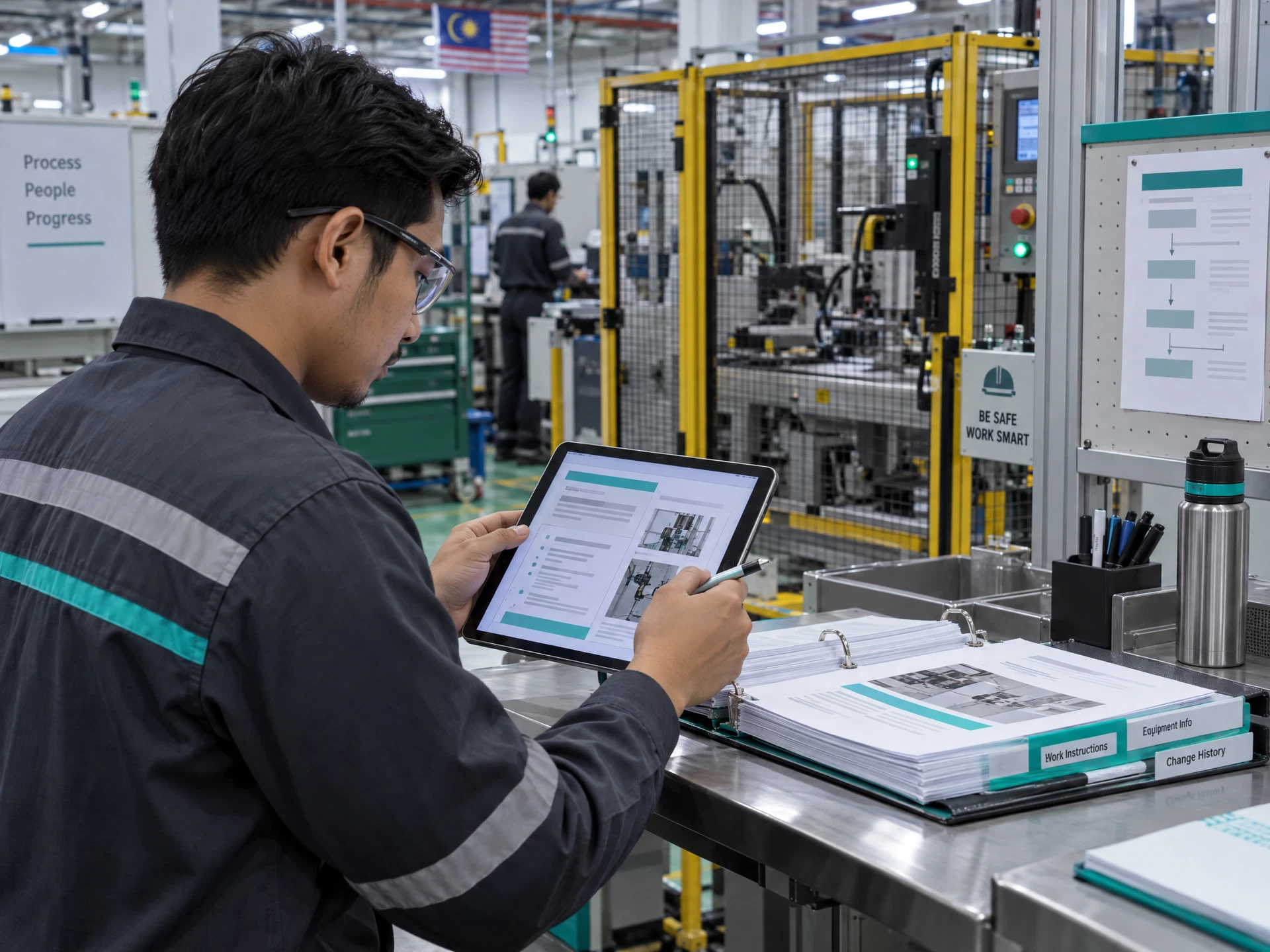Fictional process engineer drafting a work instruction on a tablet beside a safe manufacturing workstation.