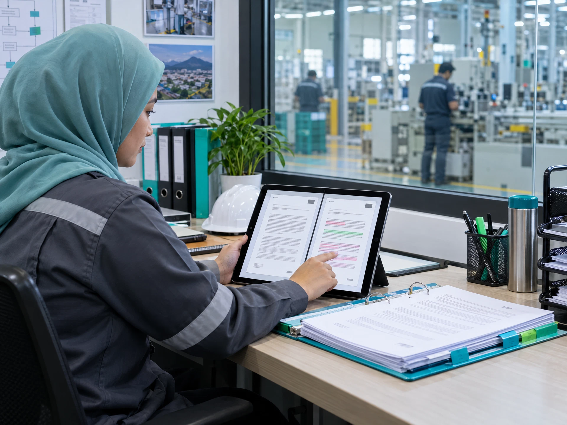 Fictional quality professional comparing abstract document versions beside a binder and factory glass wall.
