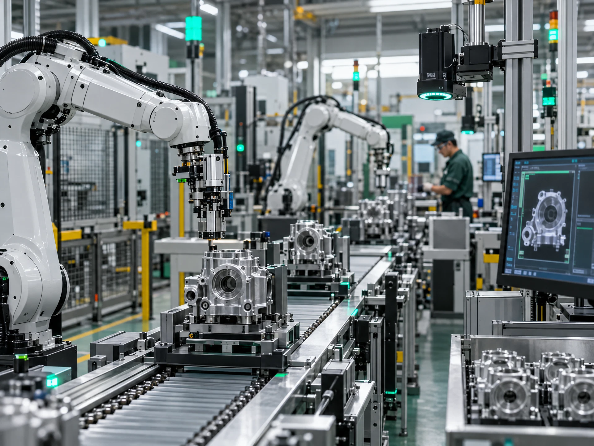 A fictional factory production line with robotic arms, conveyors and machine-vision cameras.