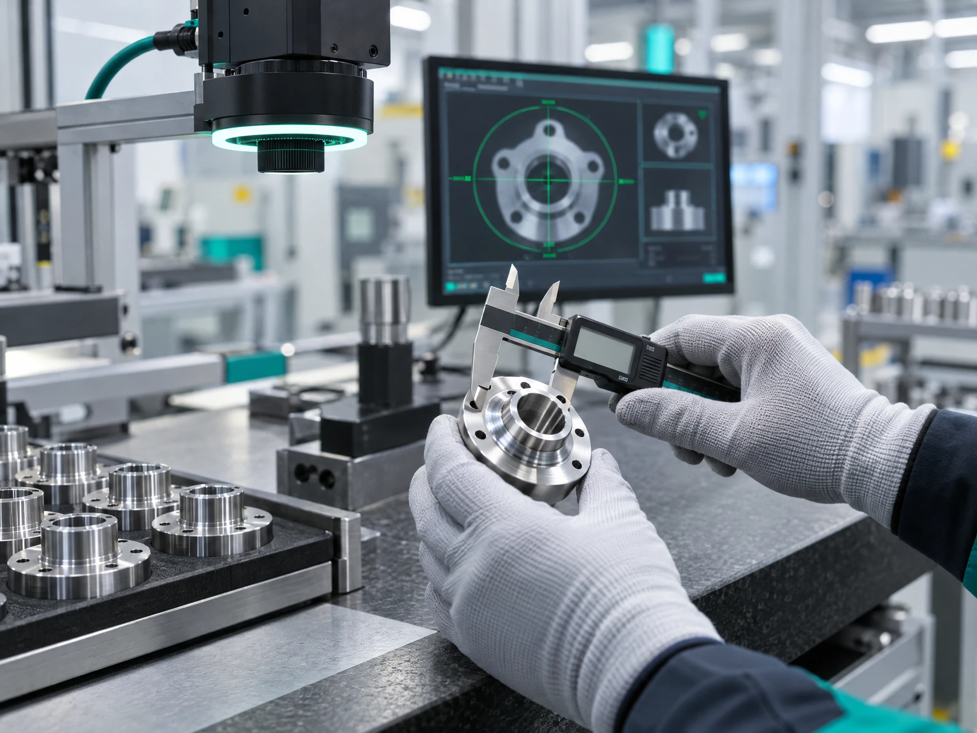 A fictional quality inspector's gloved hands checking a metal part with precision tools.