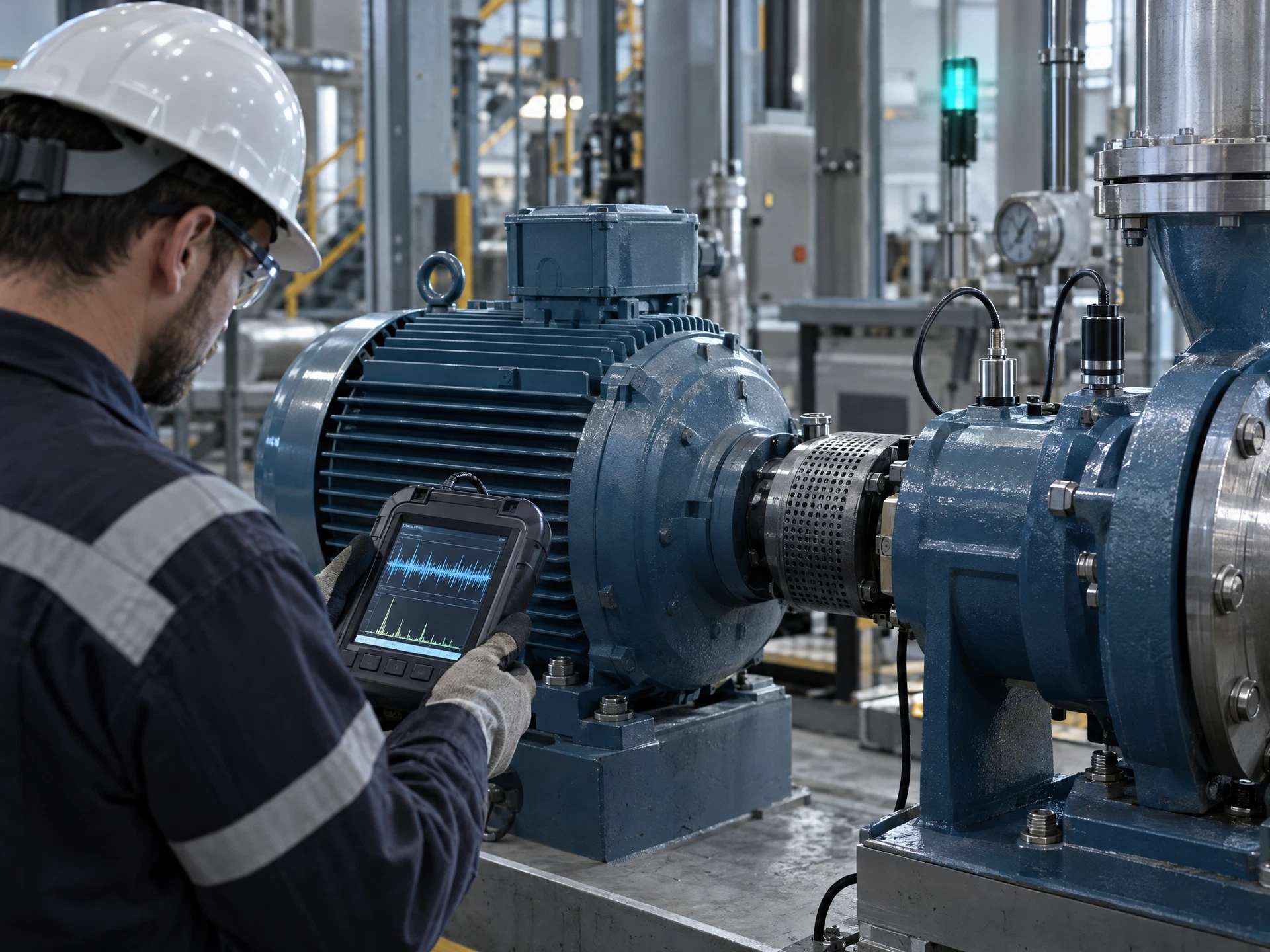 A fictional maintenance technician checking an industrial motor with a handheld analyser.
