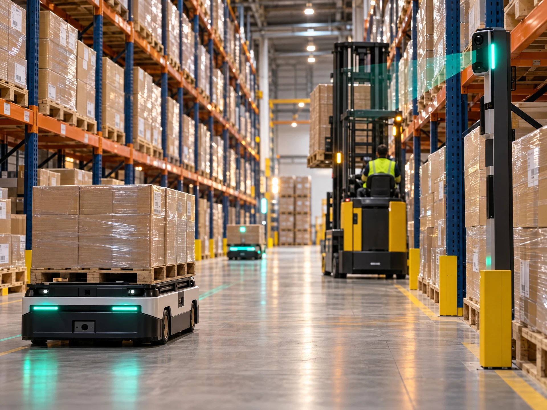 A fictional high-bay warehouse aisle with pallet racks, a forklift and an autonomous mobile robot.