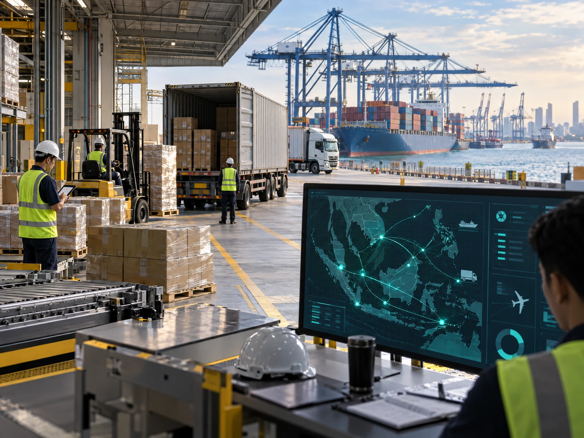 A fictional logistics loading dock with freight containers, pallets and delivery trucks.