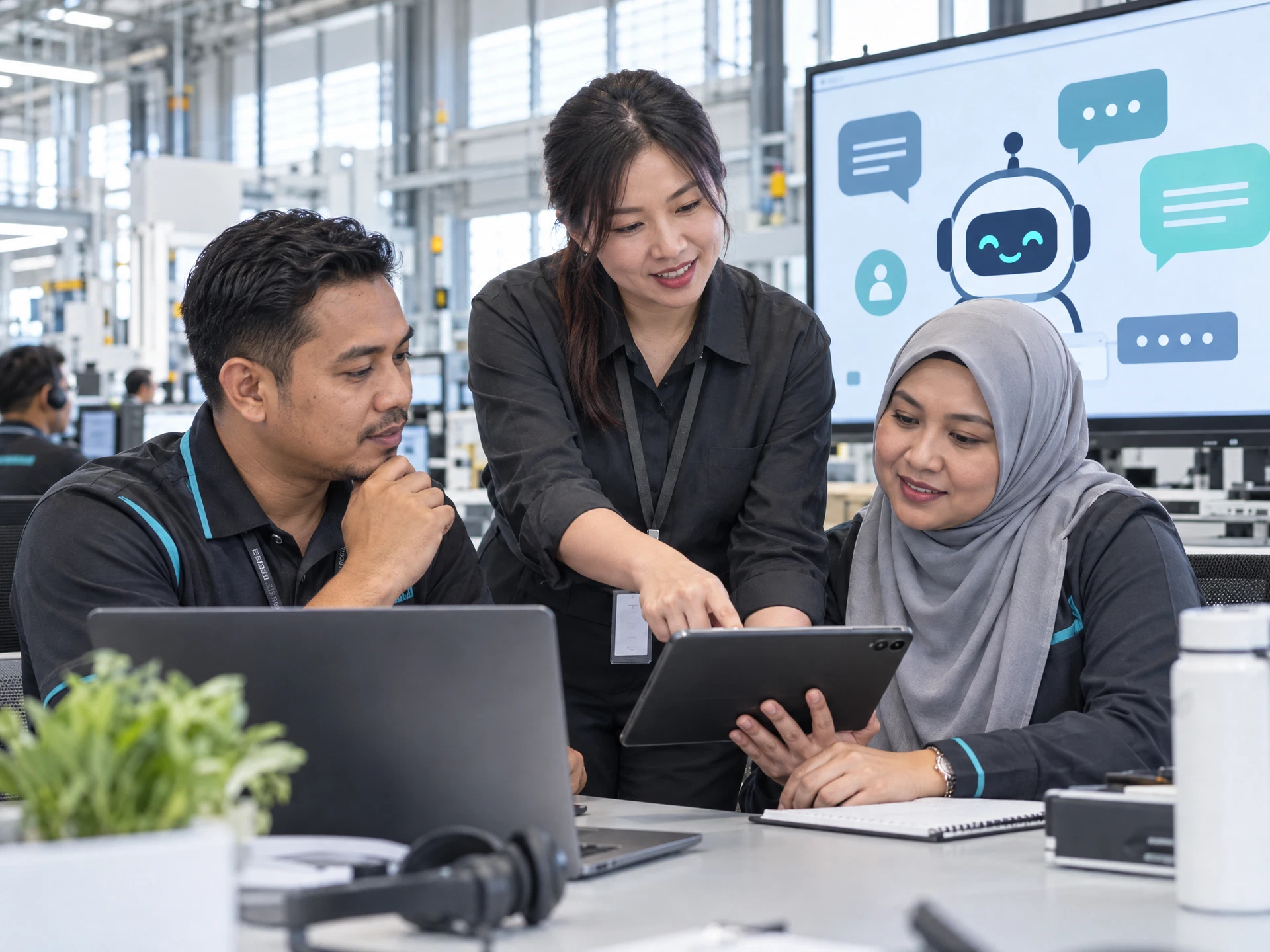 Fictional adult learners practising AI Chatbot Development for Business in a workplace learning scene.