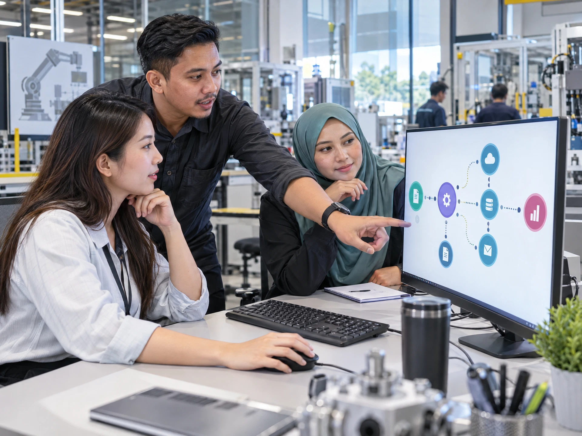 Fictional adult learners practising Make.com Automation with AI in a workplace learning scene.