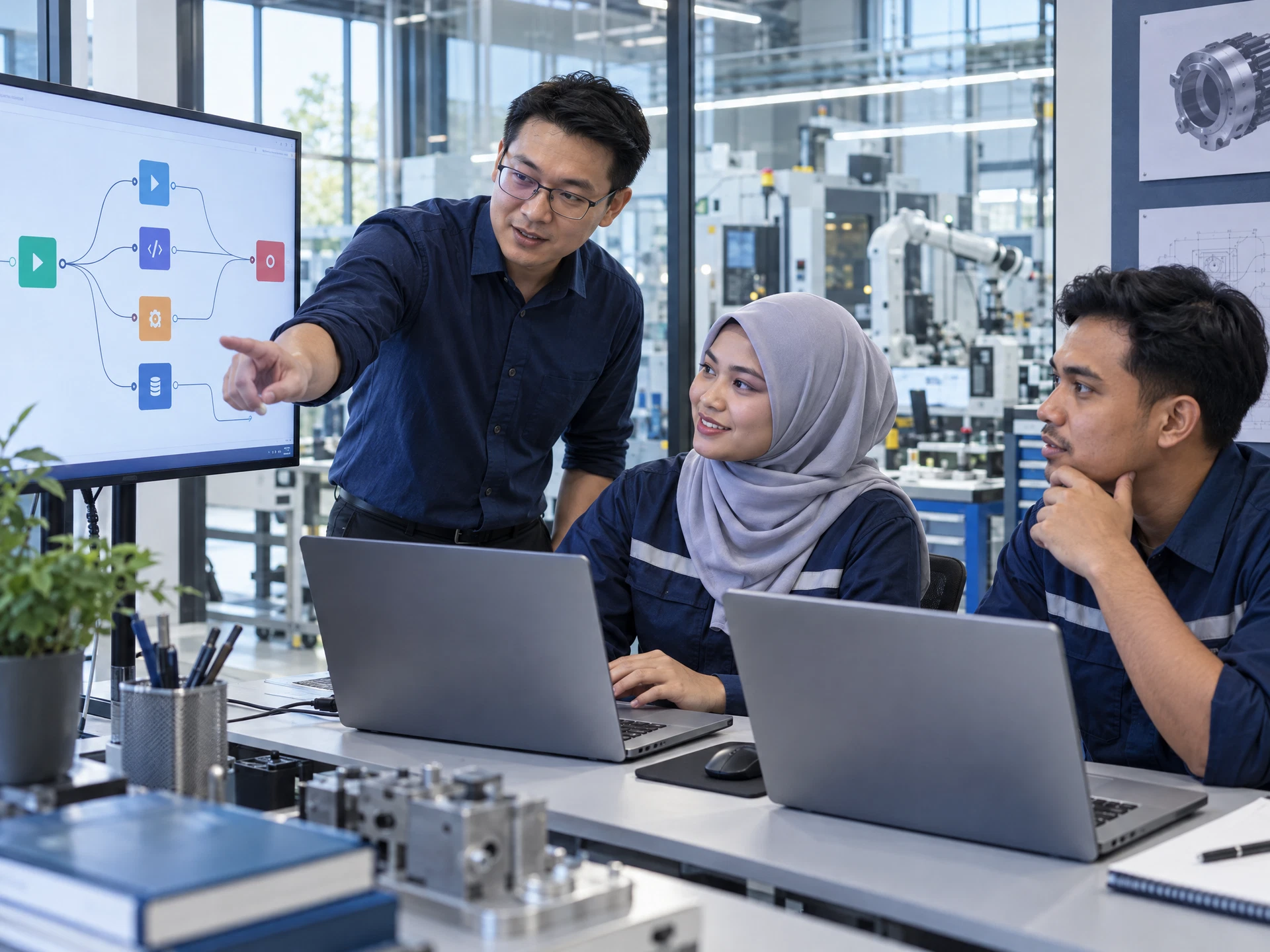 Fictional adult learners practising n8n AI Workflow Automation in a workplace learning scene.