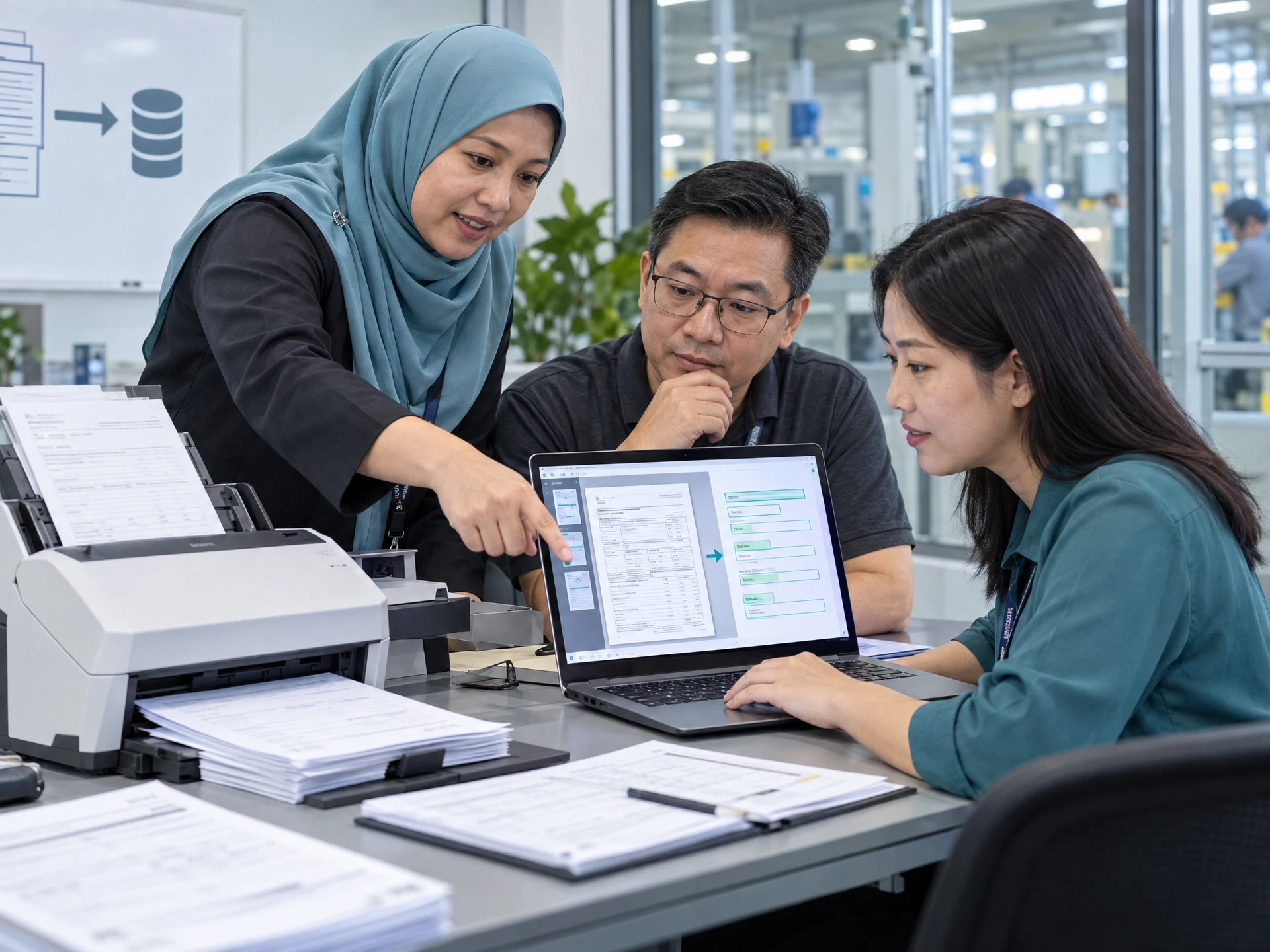 Fictional adult learners practising AI-Powered Document and Data Processing in a workplace learning scene.