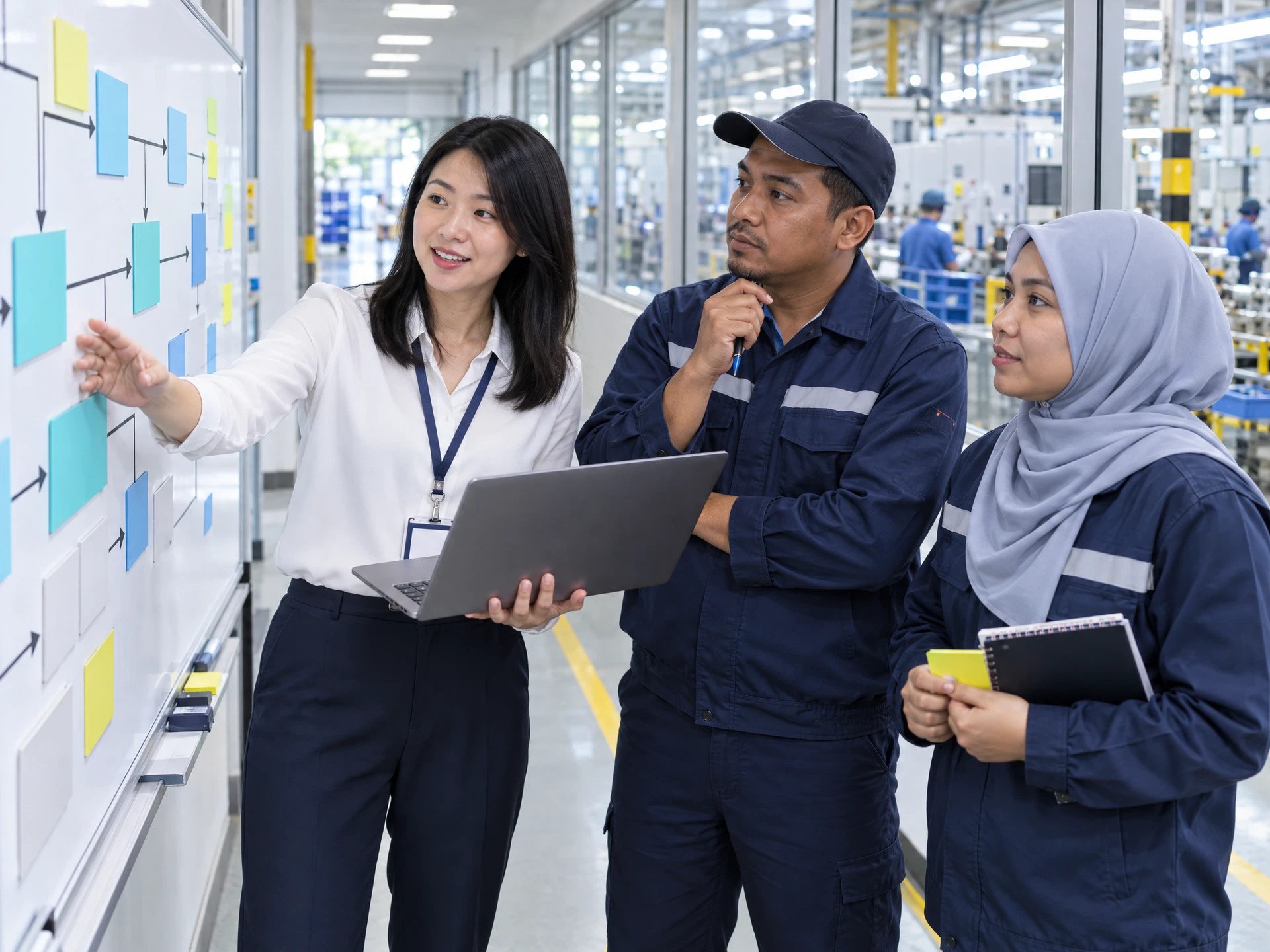 Fictional adult learners practising AI for Business Process Improvement and Digitalisation in a workplace learning scene.