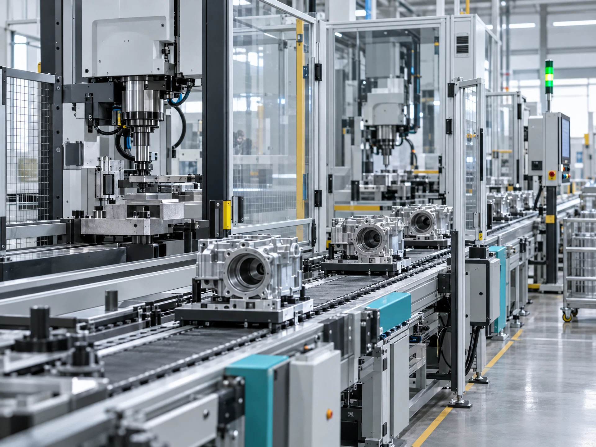 A modern factory production line with guarded conveyors moving metal components through workstations.