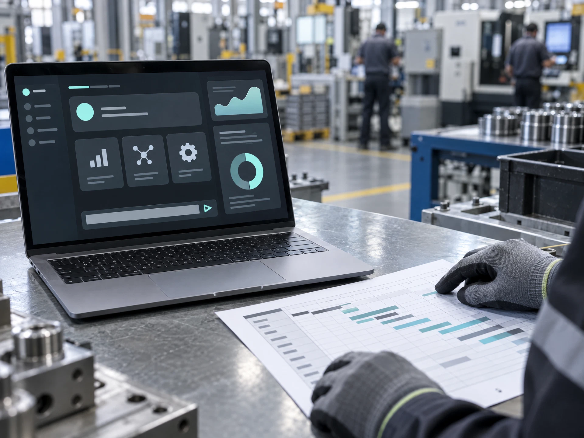 An unbranded laptop with a generic AI assistant interface beside a printed production schedule.