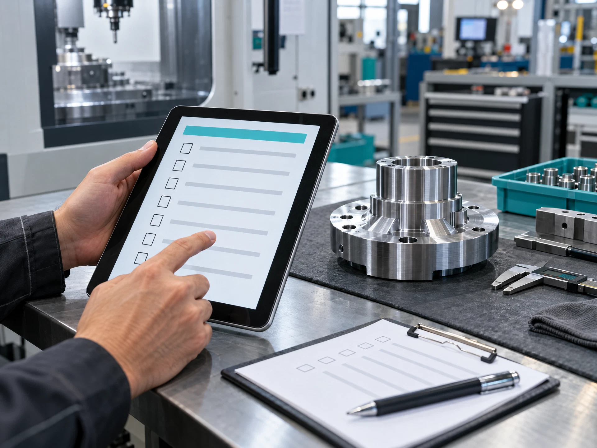 A blank tablet checklist beside a machined component and clipboard on a factory workbench.