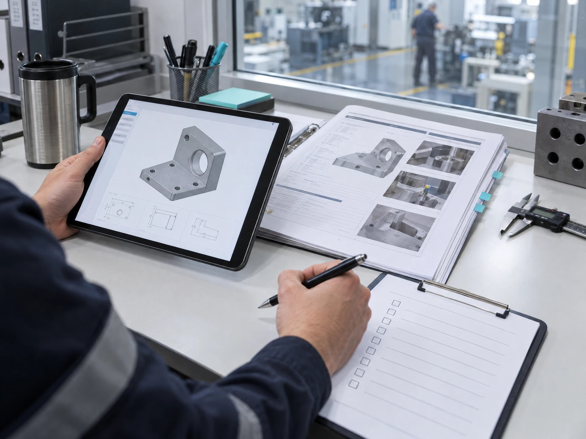 A reviewer comparing a tablet draft with a printed procedure and checklist in a factory office.