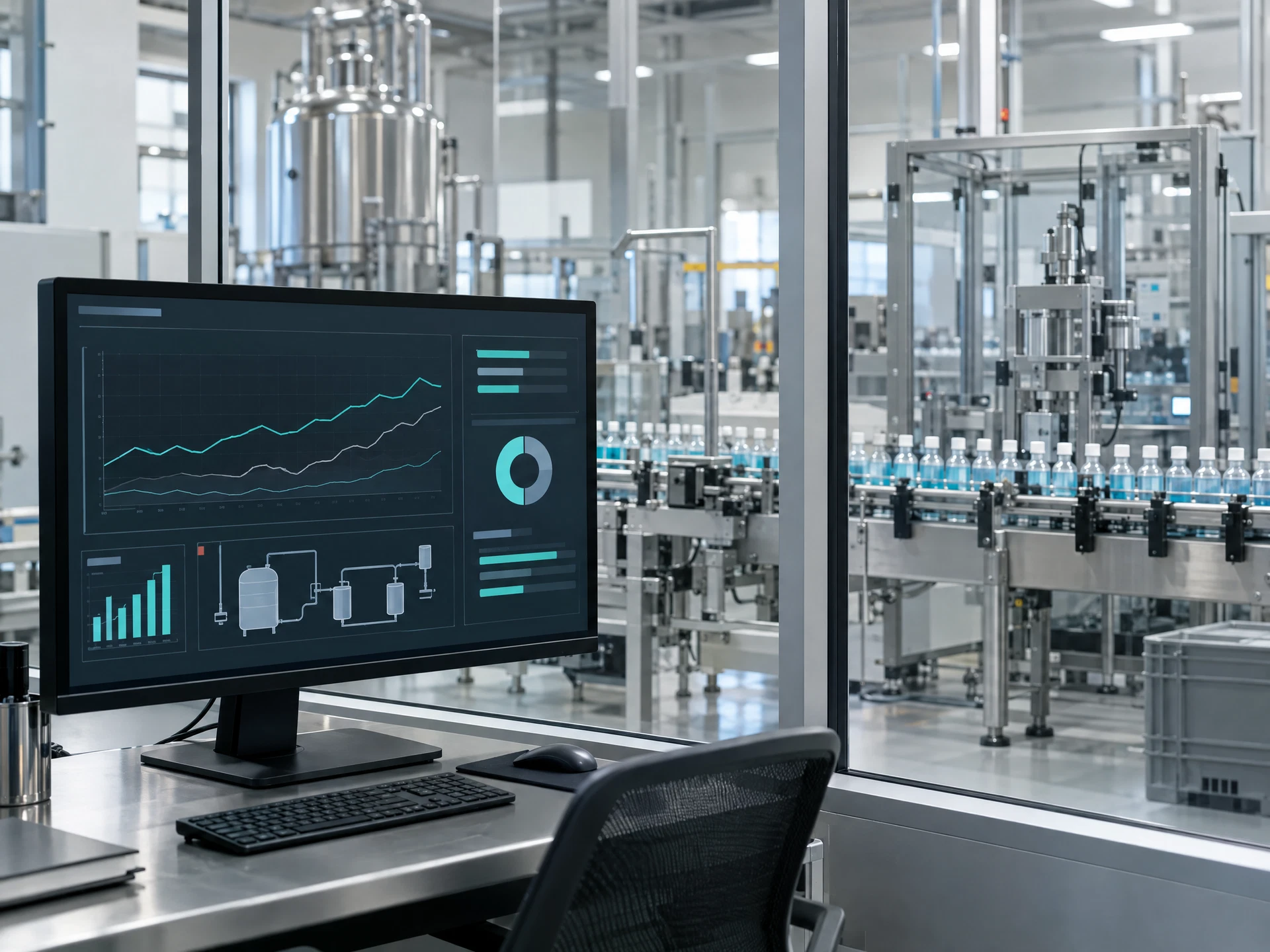 A generic monitoring screen with abstract trend lines beside a factory production line.
