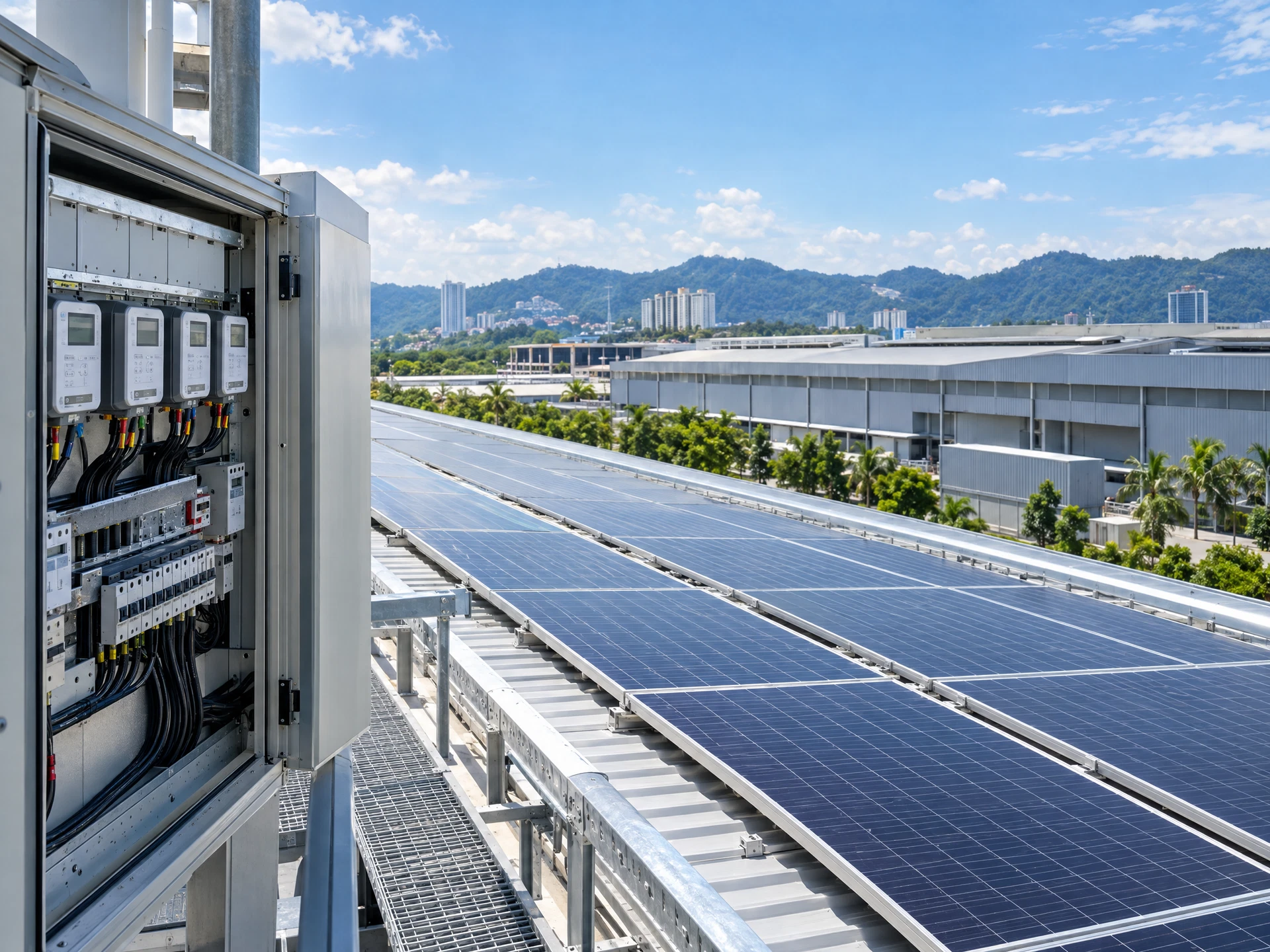 Rooftop solar panels and an industrial energy meter at a factory.