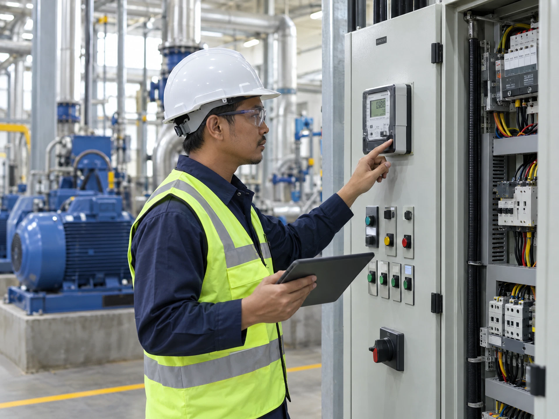 Factory engineer checking a generic energy meter and motor-control cabinet.