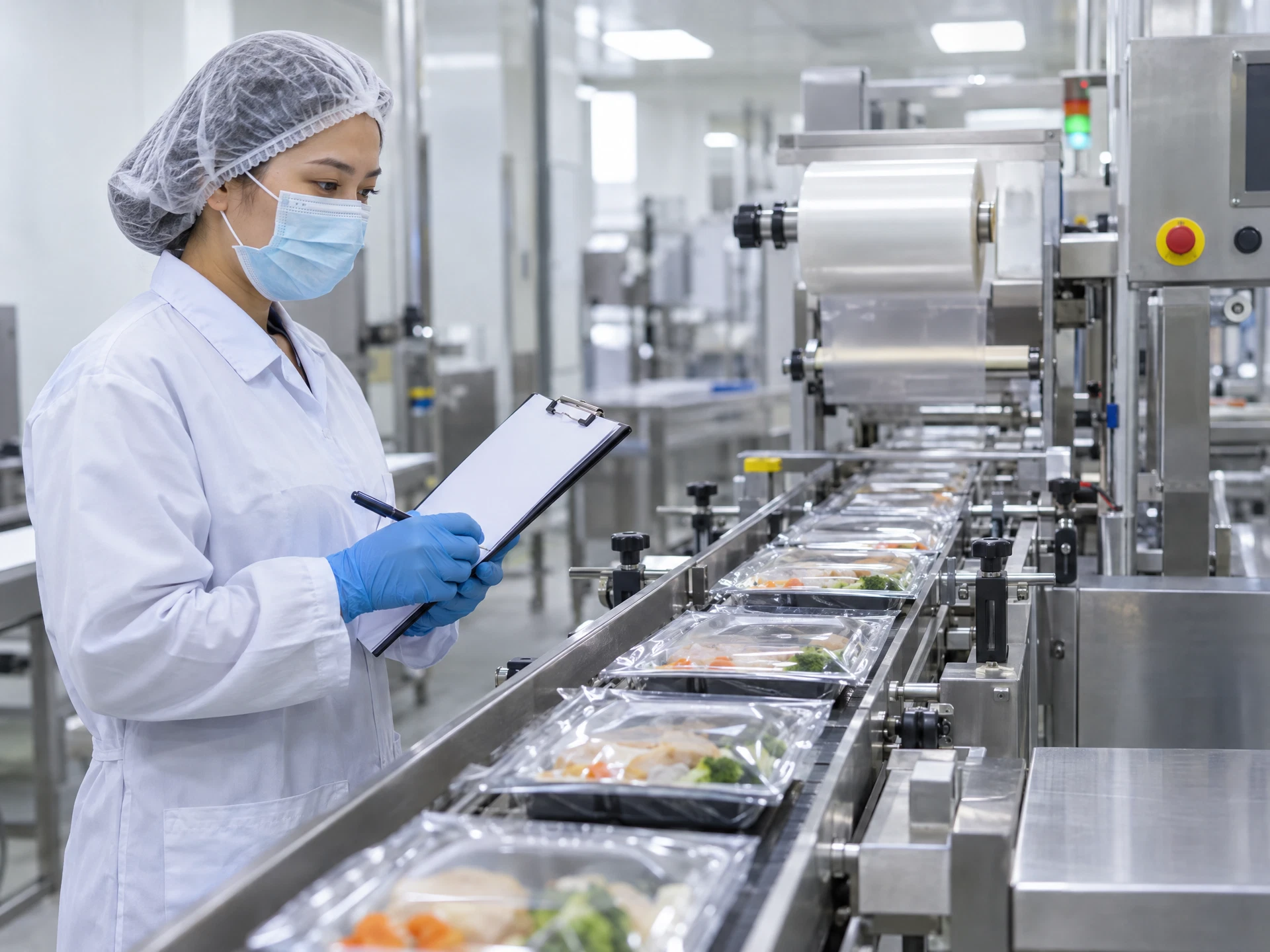 Quality technician checking an unbranded hygienic food-packaging line.