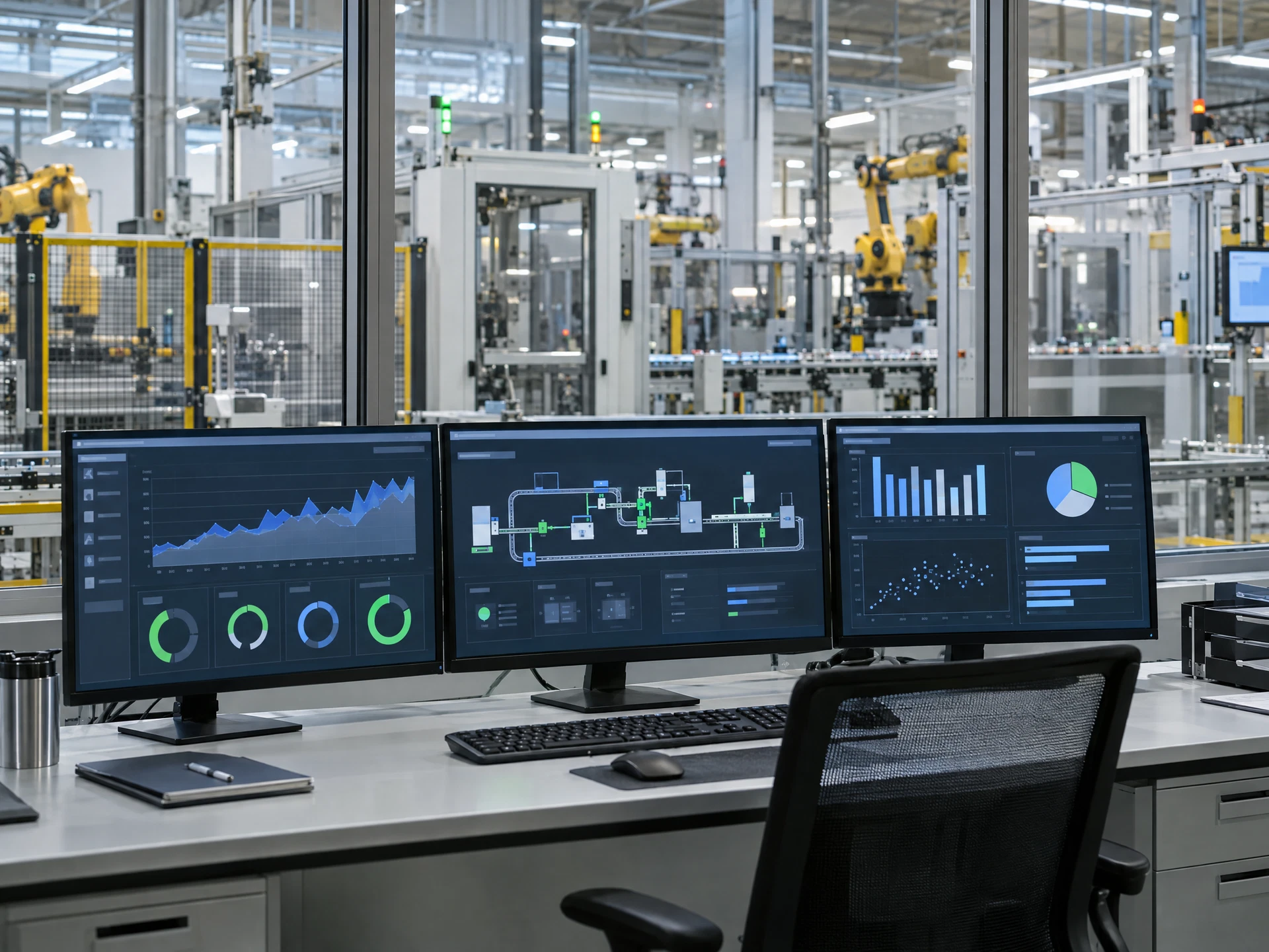 Control-room screens showing abstract manufacturing charts.