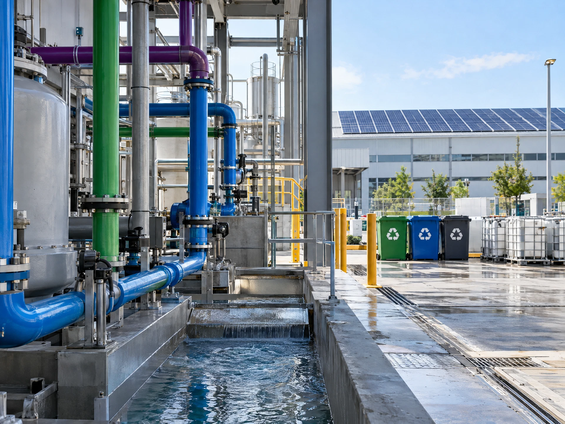 Factory water-reuse pipework and recycling equipment with solar panels nearby.