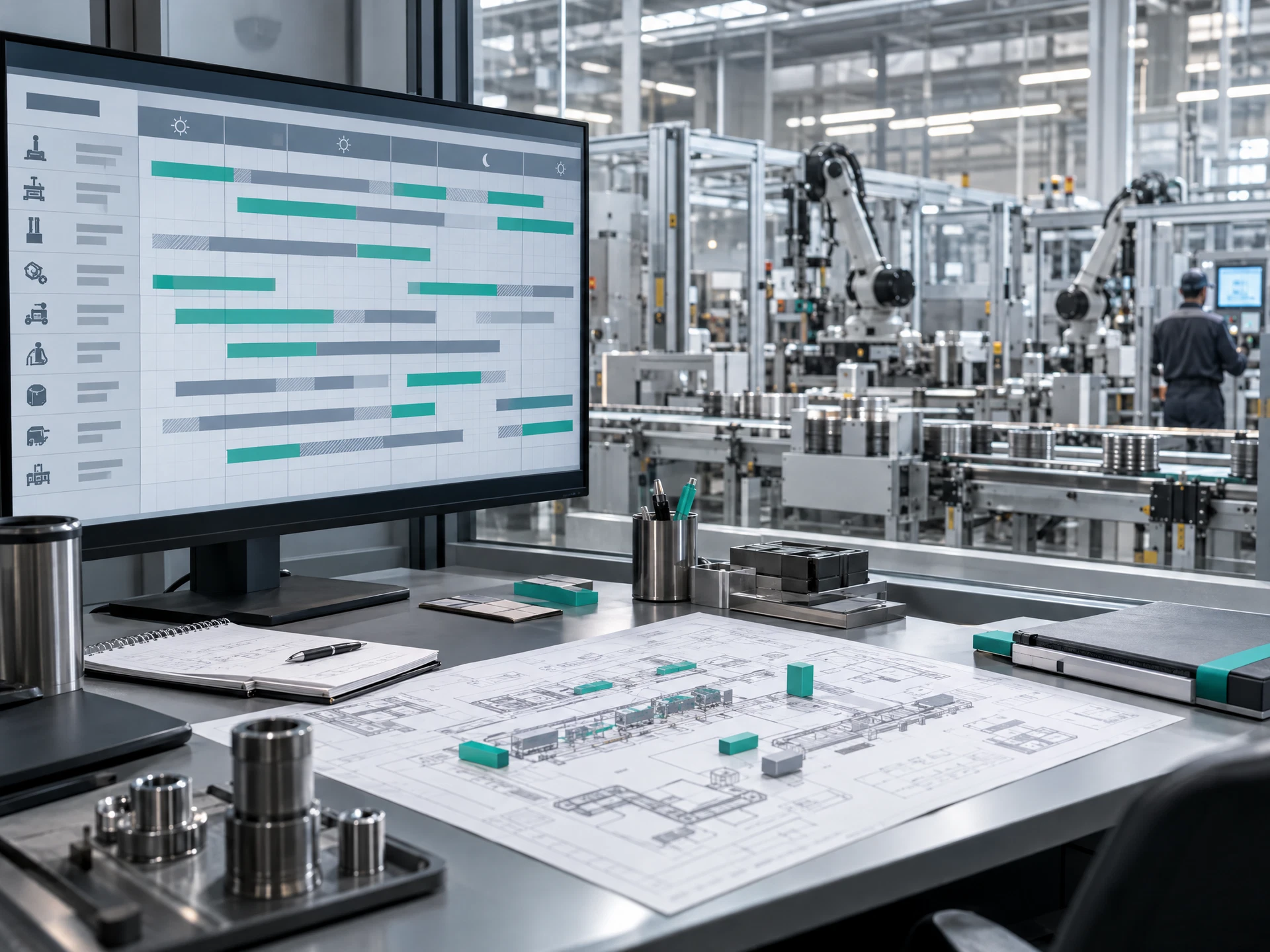 A fictional factory planning desk with a production schedule display and an active line beyond glass.