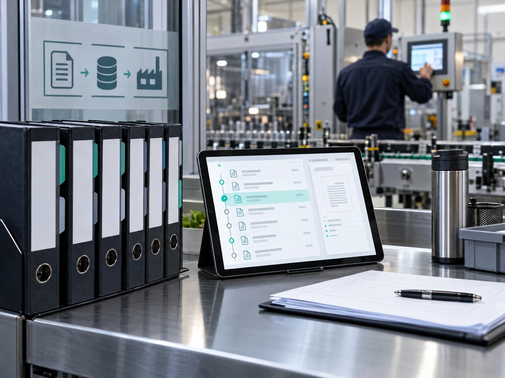 A fictional document-control workstation beside factory equipment with a tablet version-history view and records binder.