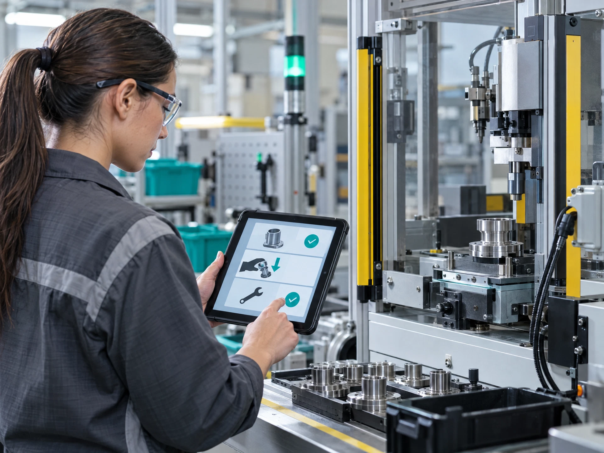A fictional factory technician consulting a tablet beside a production workstation.