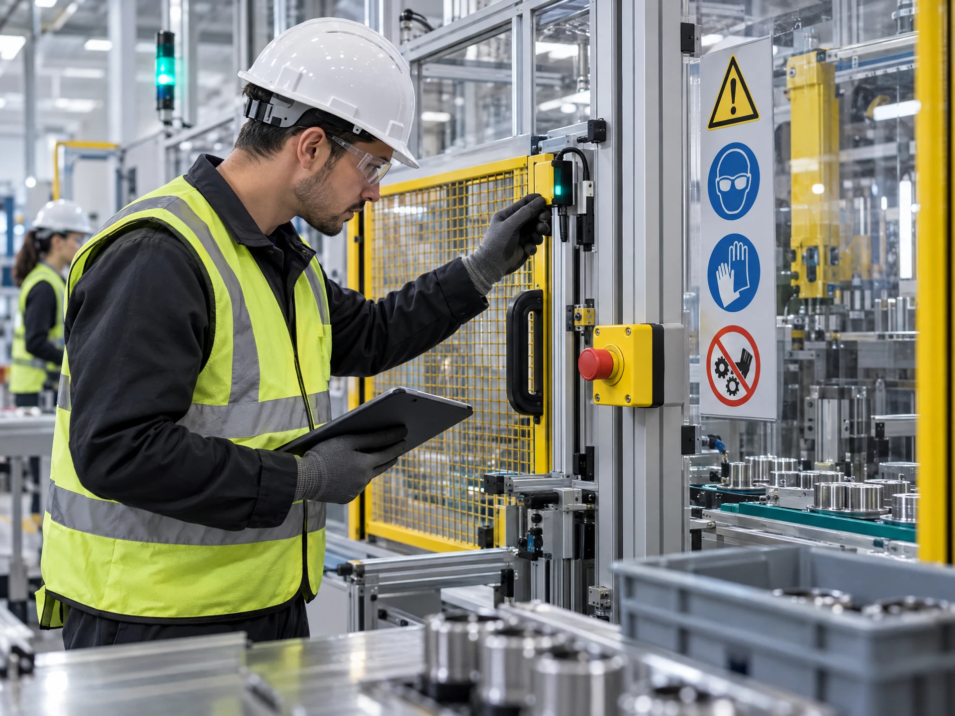 Fictional factory safety systems, machine guards and a safety inspector checking a sensor.