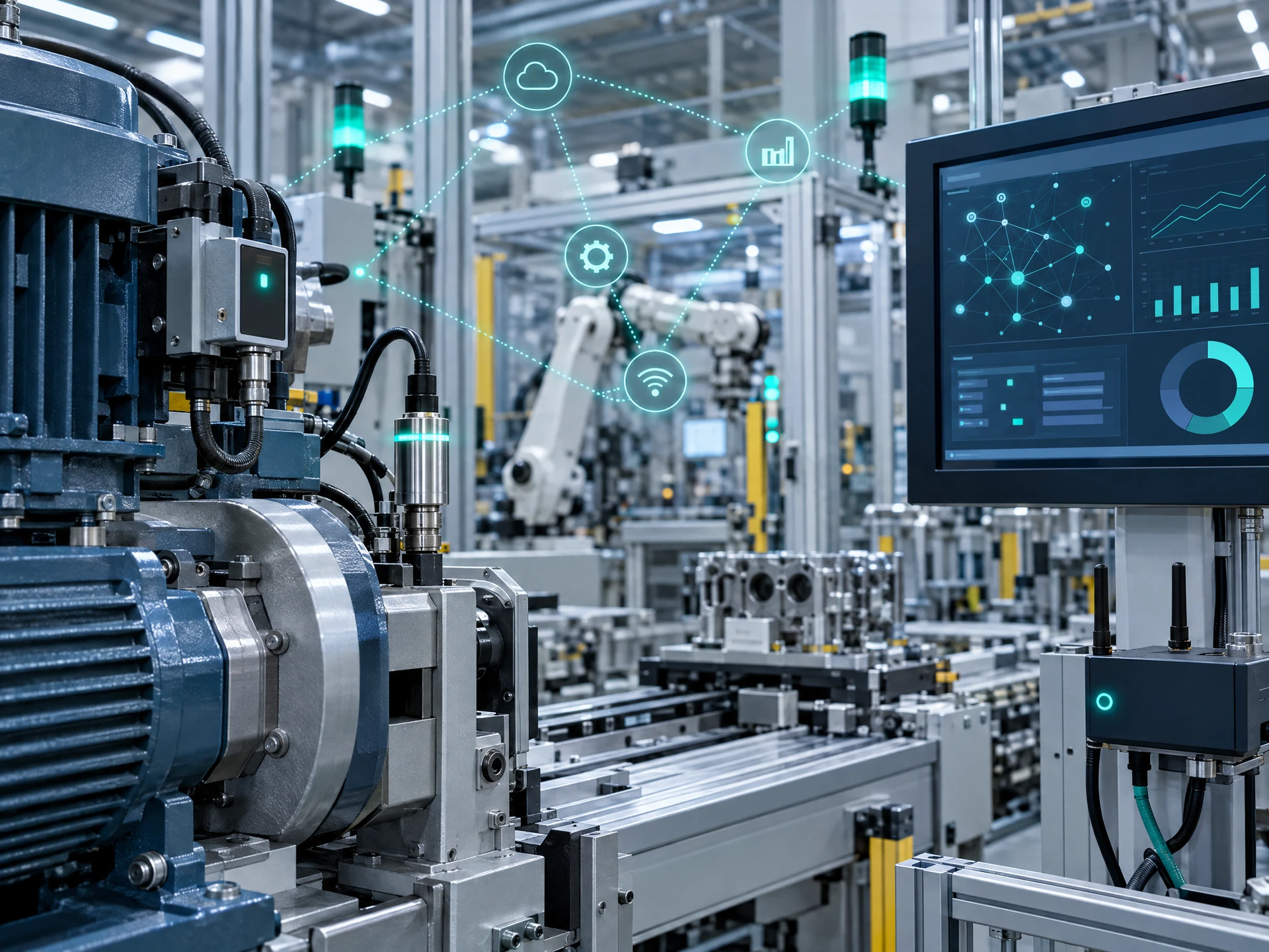 Sensors and connected machinery with abstract monitoring graphics in a fictional smart factory.