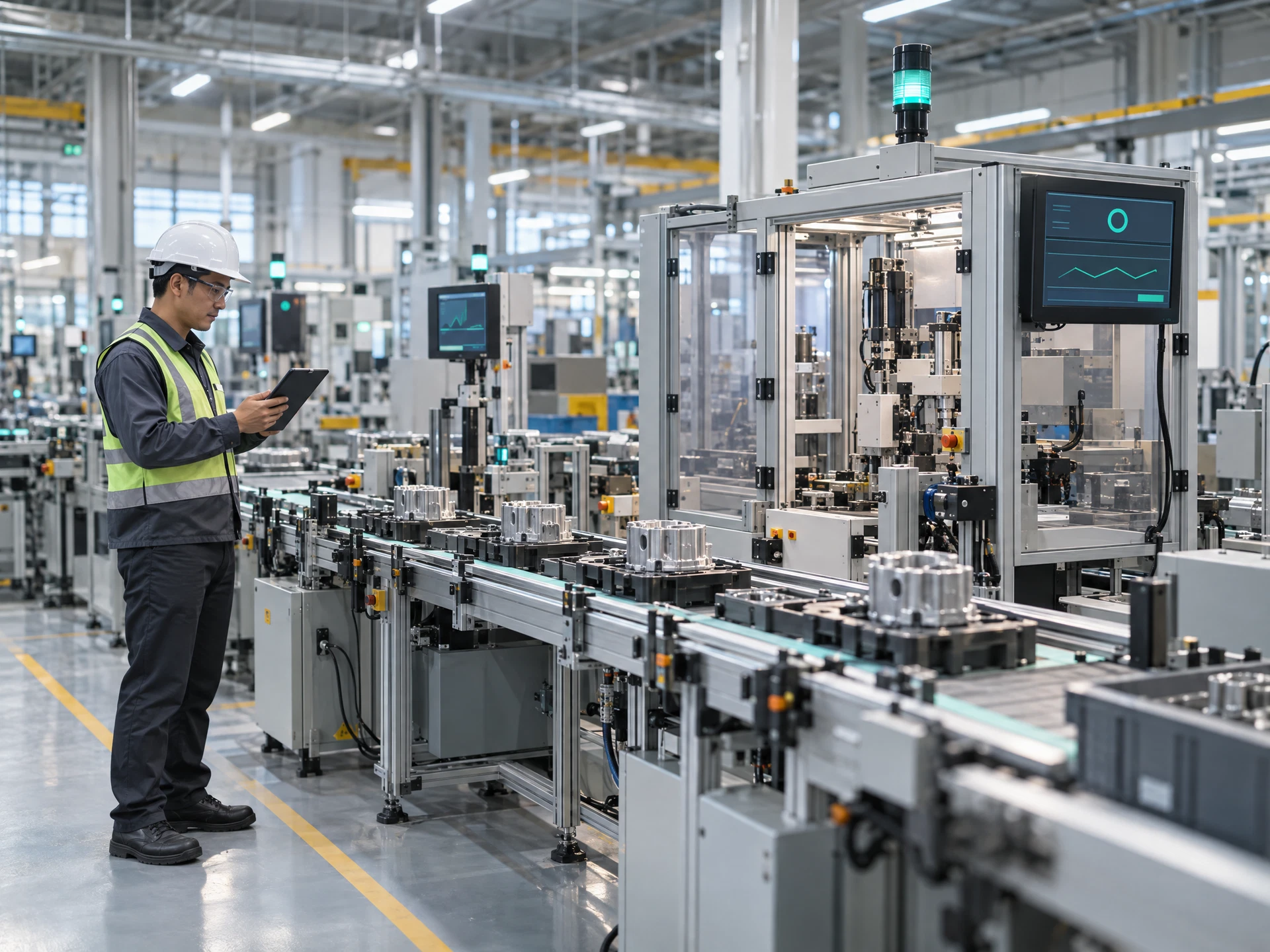 A fictional factory production line with an operations engineer reviewing process automation.