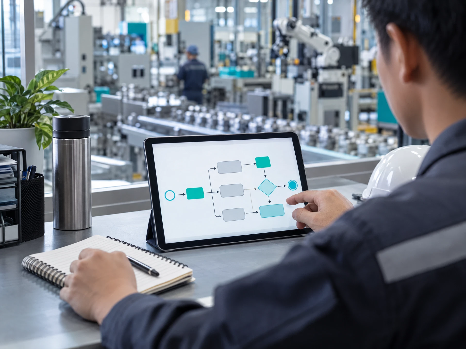A fictional production planner reviewing a visual no-code workflow on a tablet beside factory equipment.