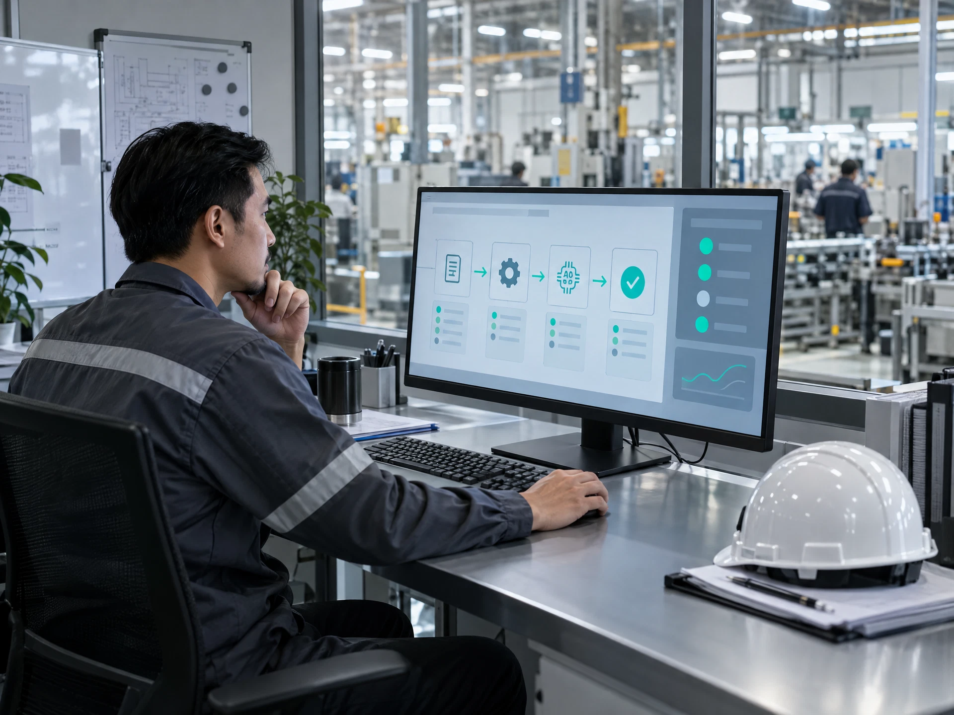 A fictional technician reviewing an unbranded factory automation dashboard.