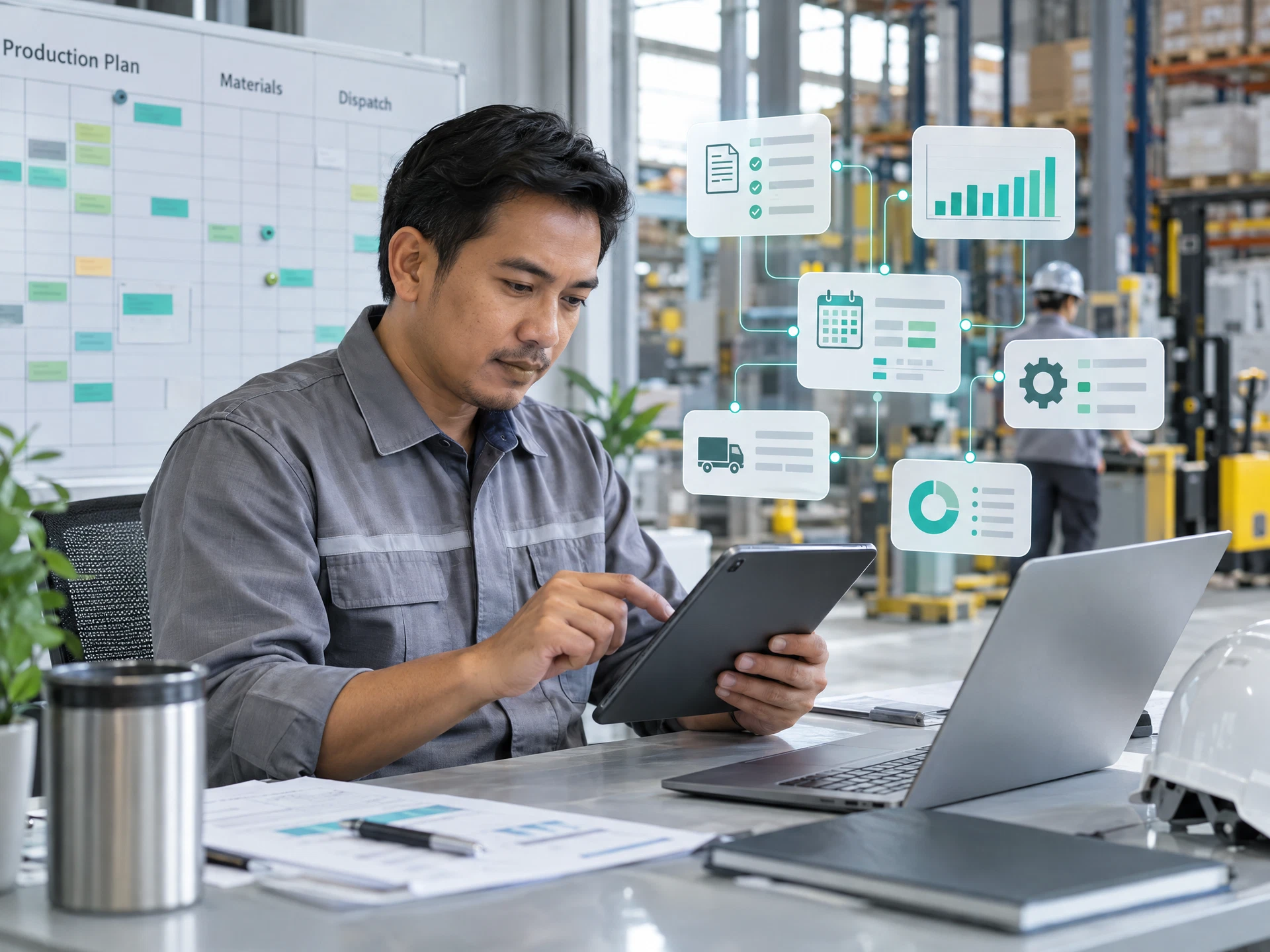A fictional manufacturing operations manager reviewing coordinated AI-assisted work panels.
