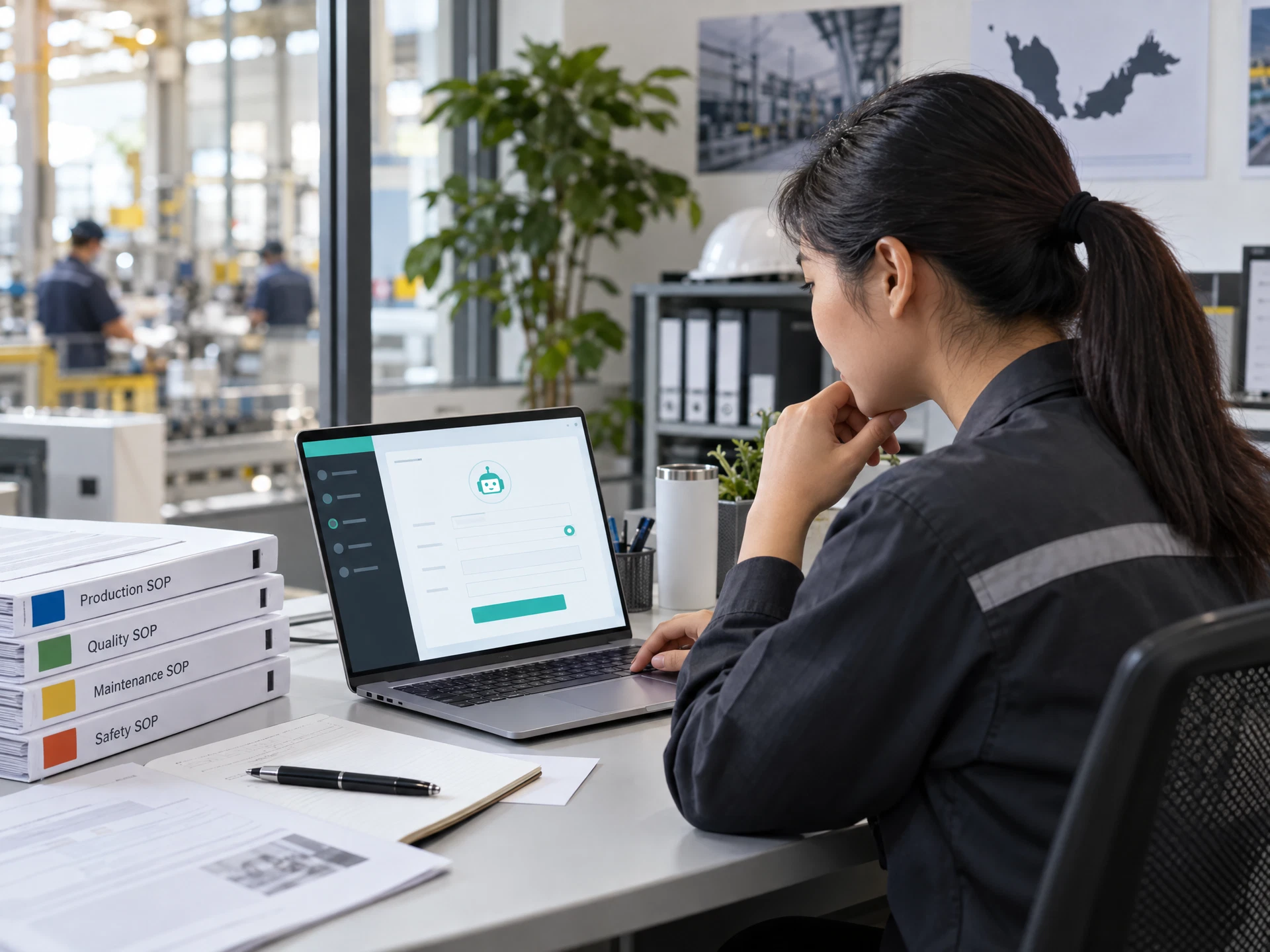 A fictional operations specialist reviewing a custom assistant setup beside sanitised process documents.